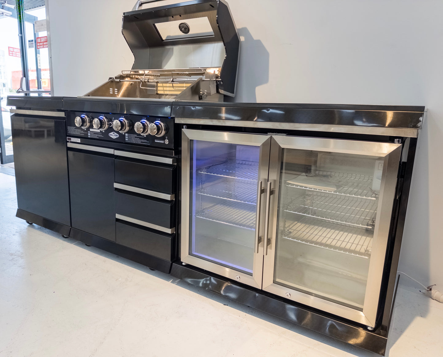 Kingsley 4 Burner Black 304 SS BBQ Kitchen + 2DR Fridge & 1DR Cupboard