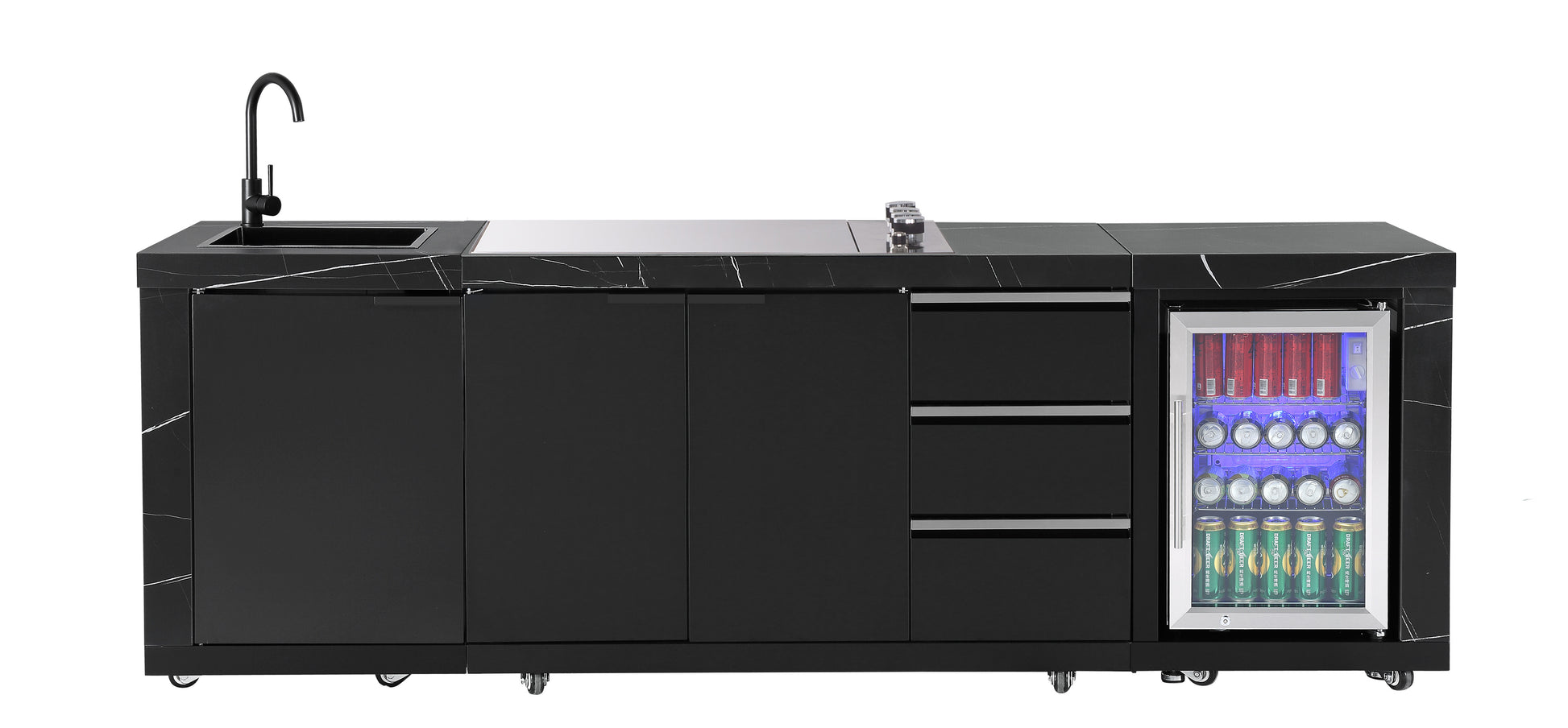 White Stone 4B Drop In BBQ Kitchen Package with Stone Benchtops, Hampton Waterfall Design