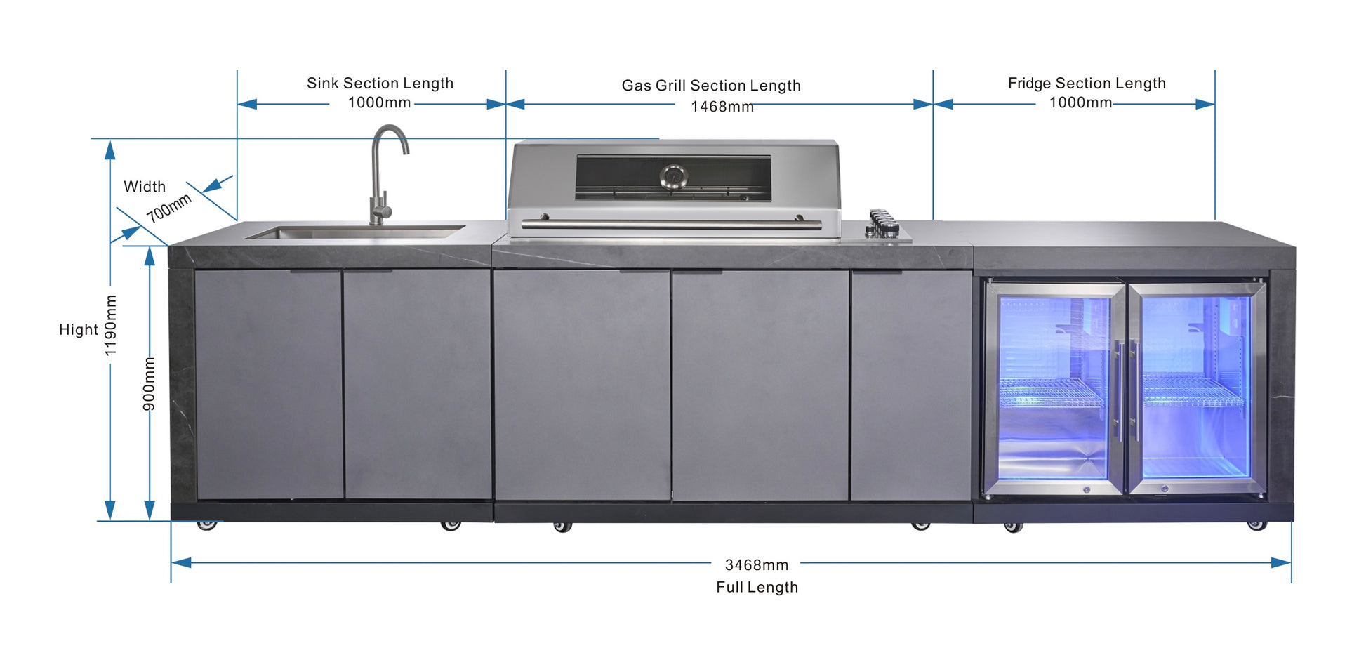 Deep Charcoal 6B Drop In BBQ Kitchen Package Inc sintered stone benchtops, Aluminium Cabinets, Weather Resistant, Fridge & Sink
