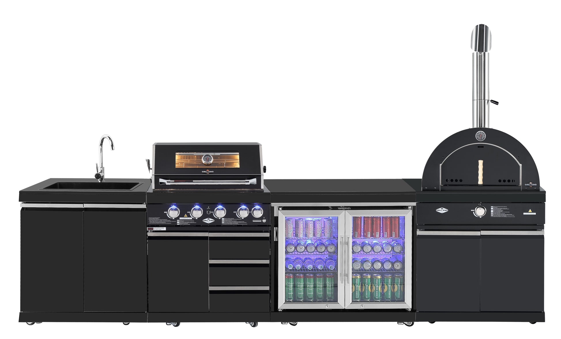 Kingsley 4 Burner Non Wok Black Stainless Steel BBQ Package Inc Pizza Oven, 2DR Fridge, 2DR Sink