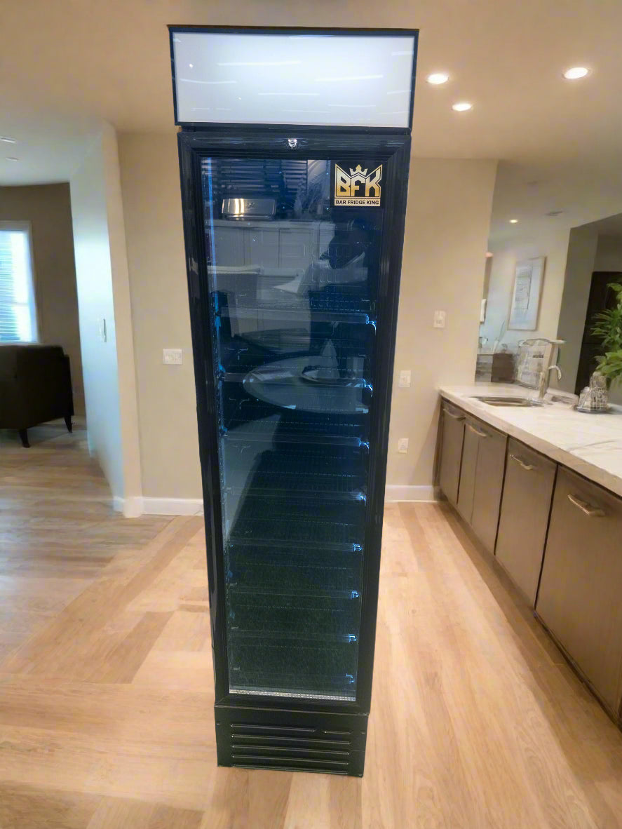 Floor Stock Tropical Rated Triple Glazed 145L Commercial Skinny Upright Bar Fridge - Single Door, Black Stainless Steel, LED Lighting for Wine & Beverages