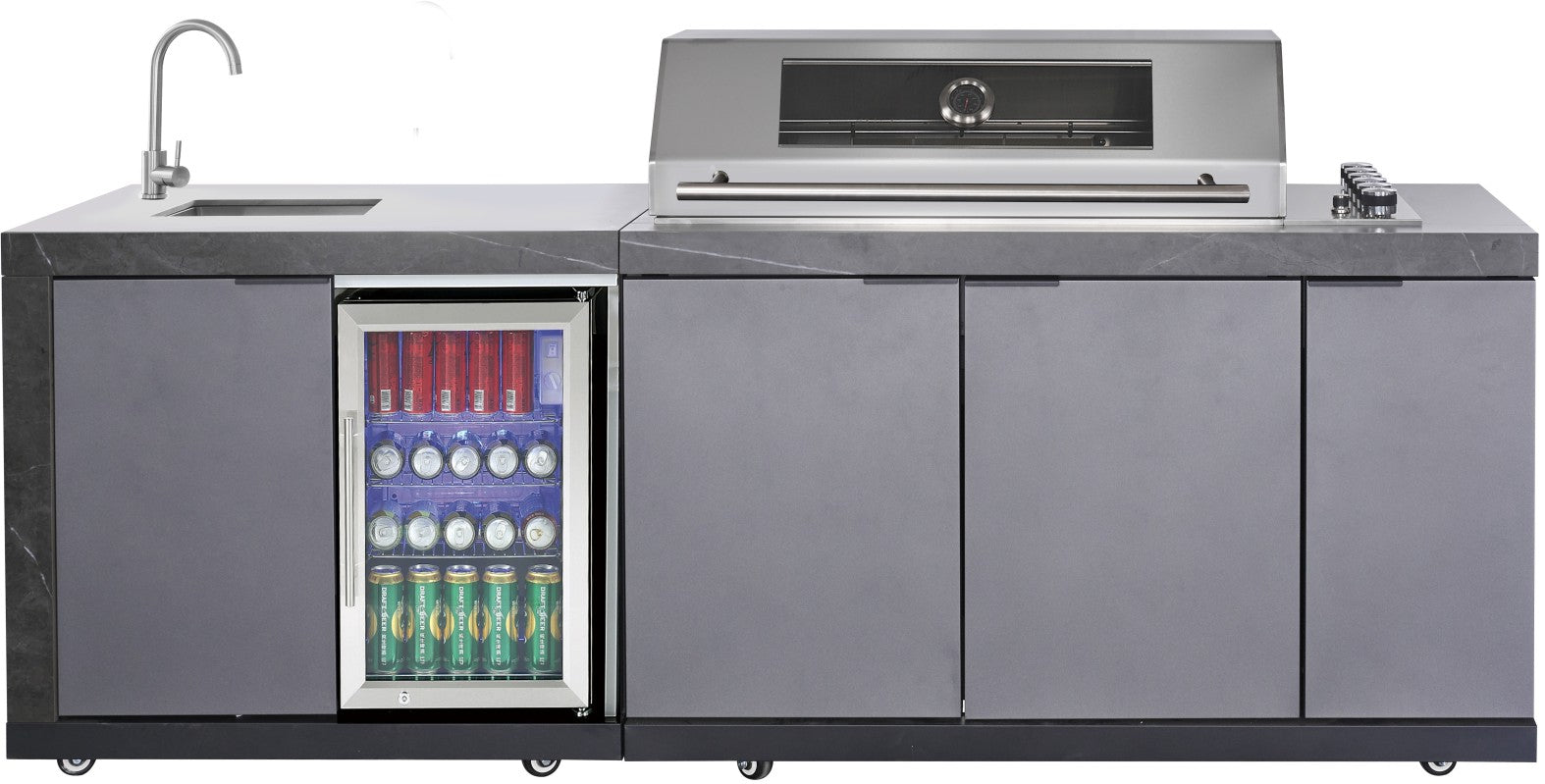 Deep Charcoal 6B Drop In BBQ Kitchen Package Inc sintered stone benchtops, Aluminium Cabinets, Weather Resistant, Fridge & Sink