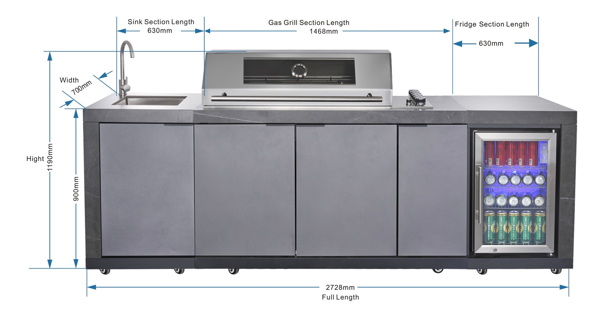 Deep Charcoal 6B Drop In BBQ Kitchen Package Inc sintered stone benchtops, Aluminium Cabinets, Weather Resistant, Fridge & Sink