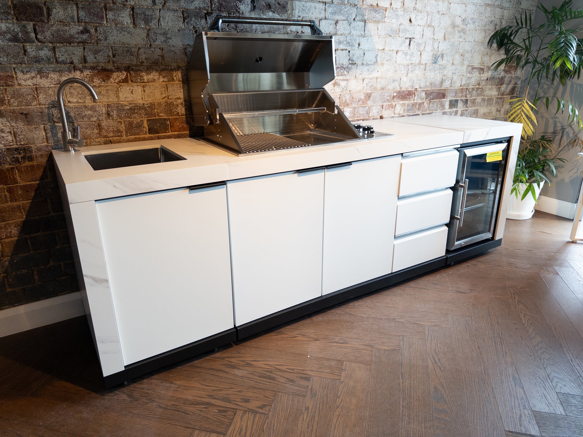 White Stone 4B Drop In BBQ Kitchen Package with Stone Benchtops, Hampton Waterfall Design