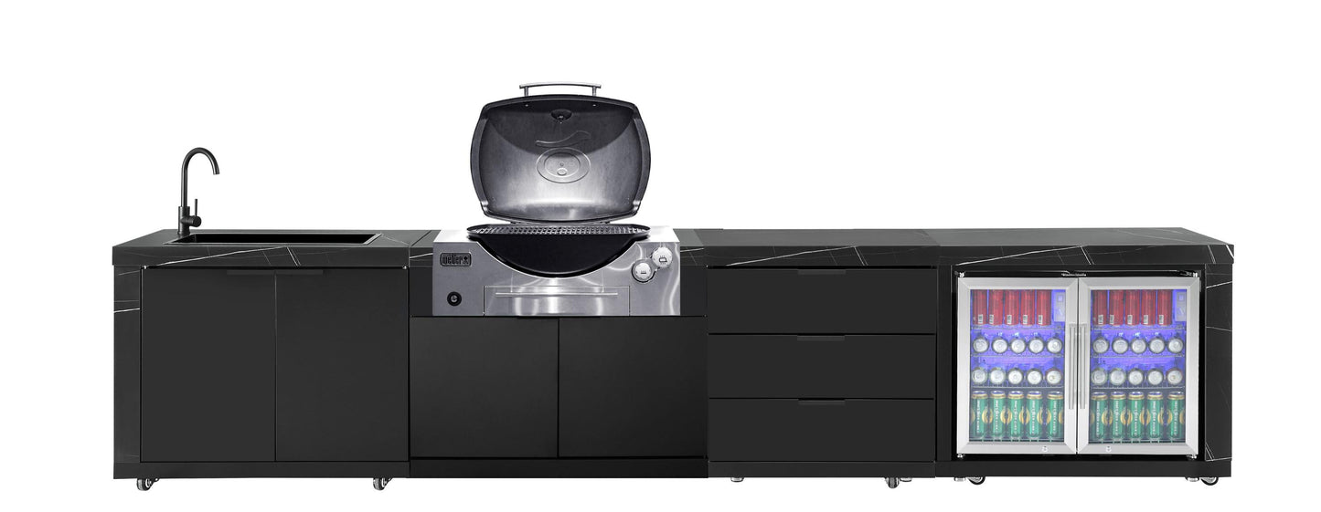 Rockpool Black Outdoor BBQ Kitchen Package to Suit Weber Family Q Inc Fridge, Sink, Faucet, BBQ Cover