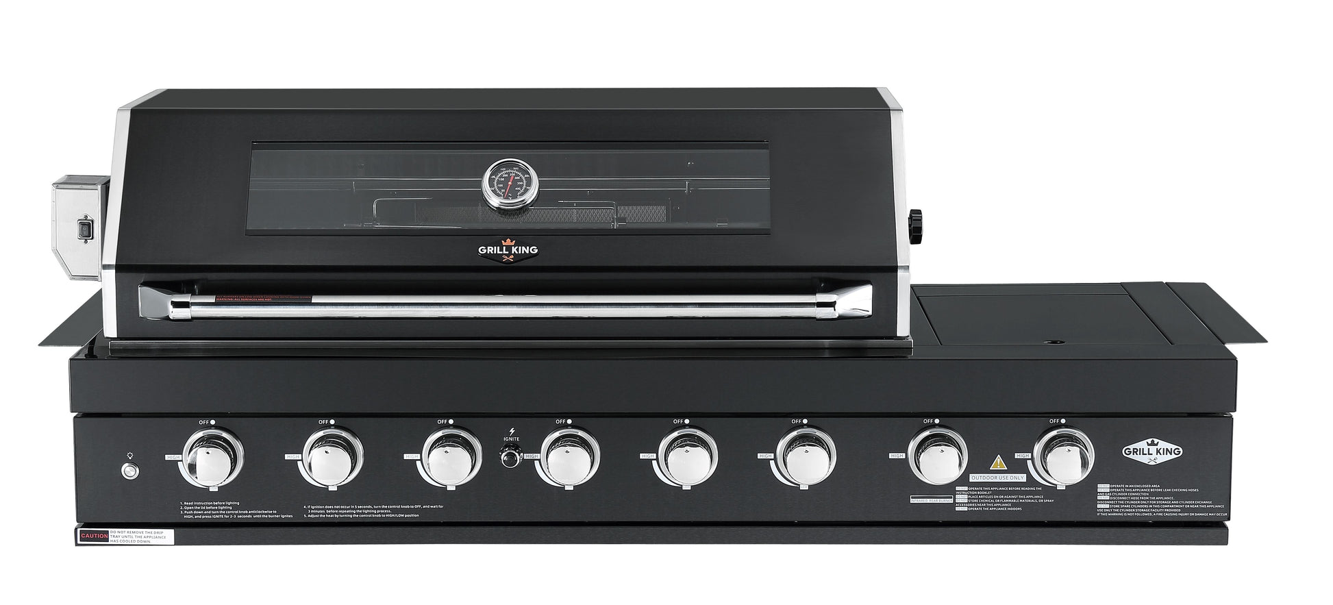 Kingsley 6 Burner Built In BBQ With Side Wok & Rear Infrared Burner | Black Stainless Steel, Blue LED Knobs