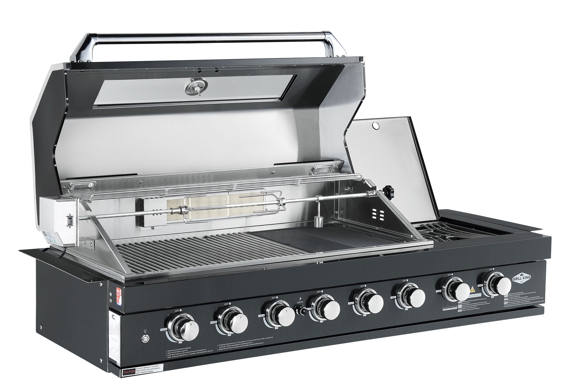 Kingsley 6 Burner Built In BBQ With Side Wok & Rear Infrared Burner | Black Stainless Steel, Blue LED Knobs