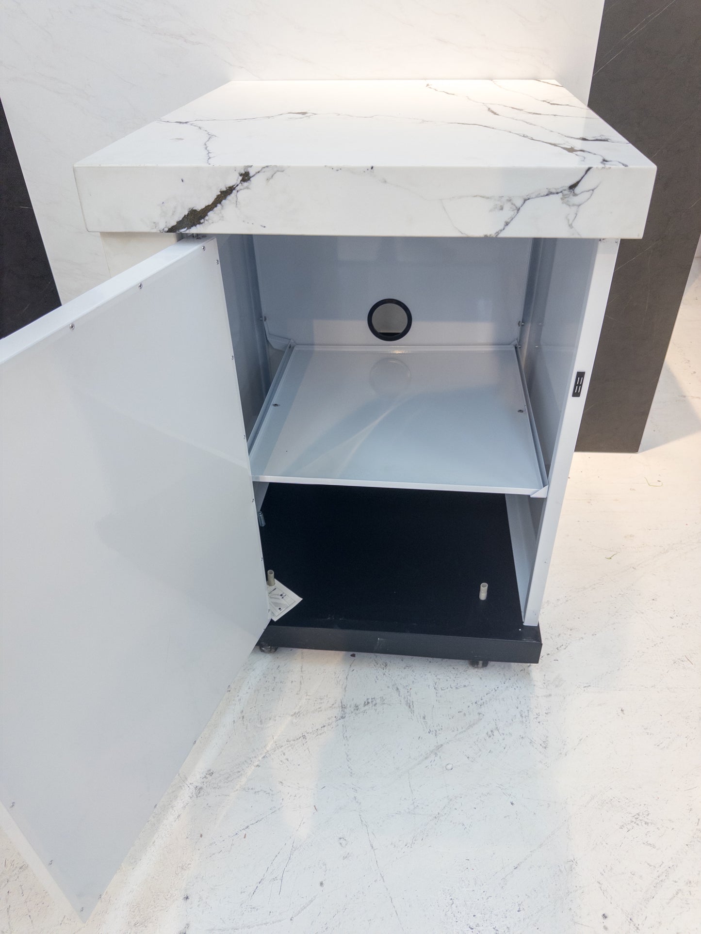 Ex Display Marble Look Stone Finish 1 Door Cabinet Waterfall Edge Custom Built Aluminum Cabinet