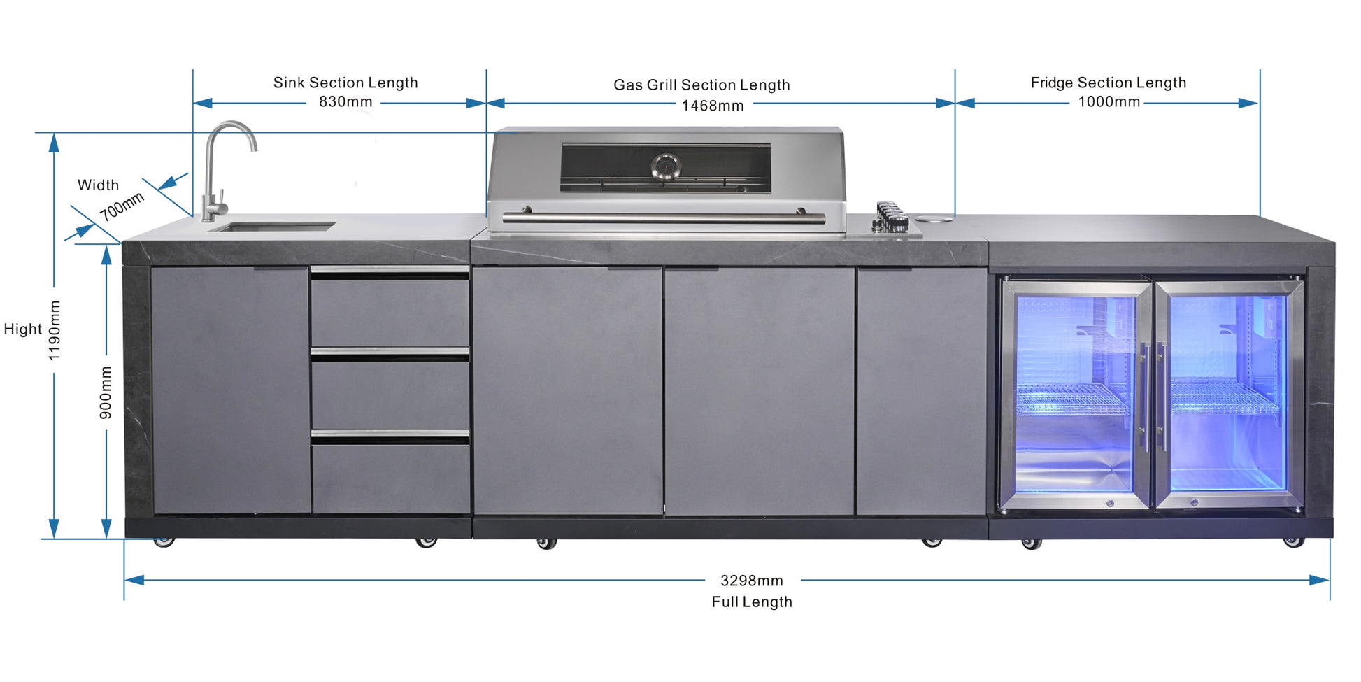 Deep Charcoal 6B Drop In BBQ Kitchen Package Inc sintered stone benchtops, Aluminium Cabinets, Weather Resistant, Fridge & Sink