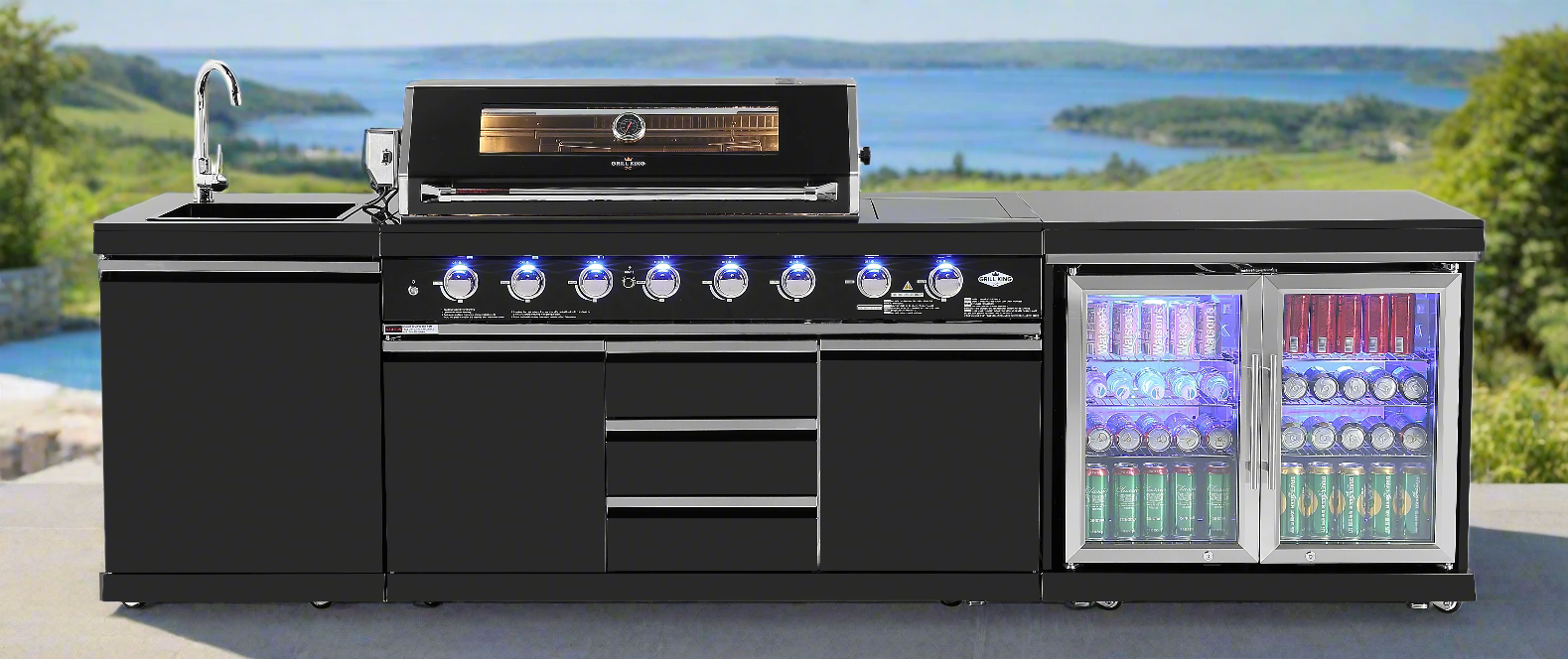 Kingsley 6-Burner Outdoor BBQ Kitchen: Black Stainless Steel, Stone Bench, Fridge, Sink, Height Adjustable