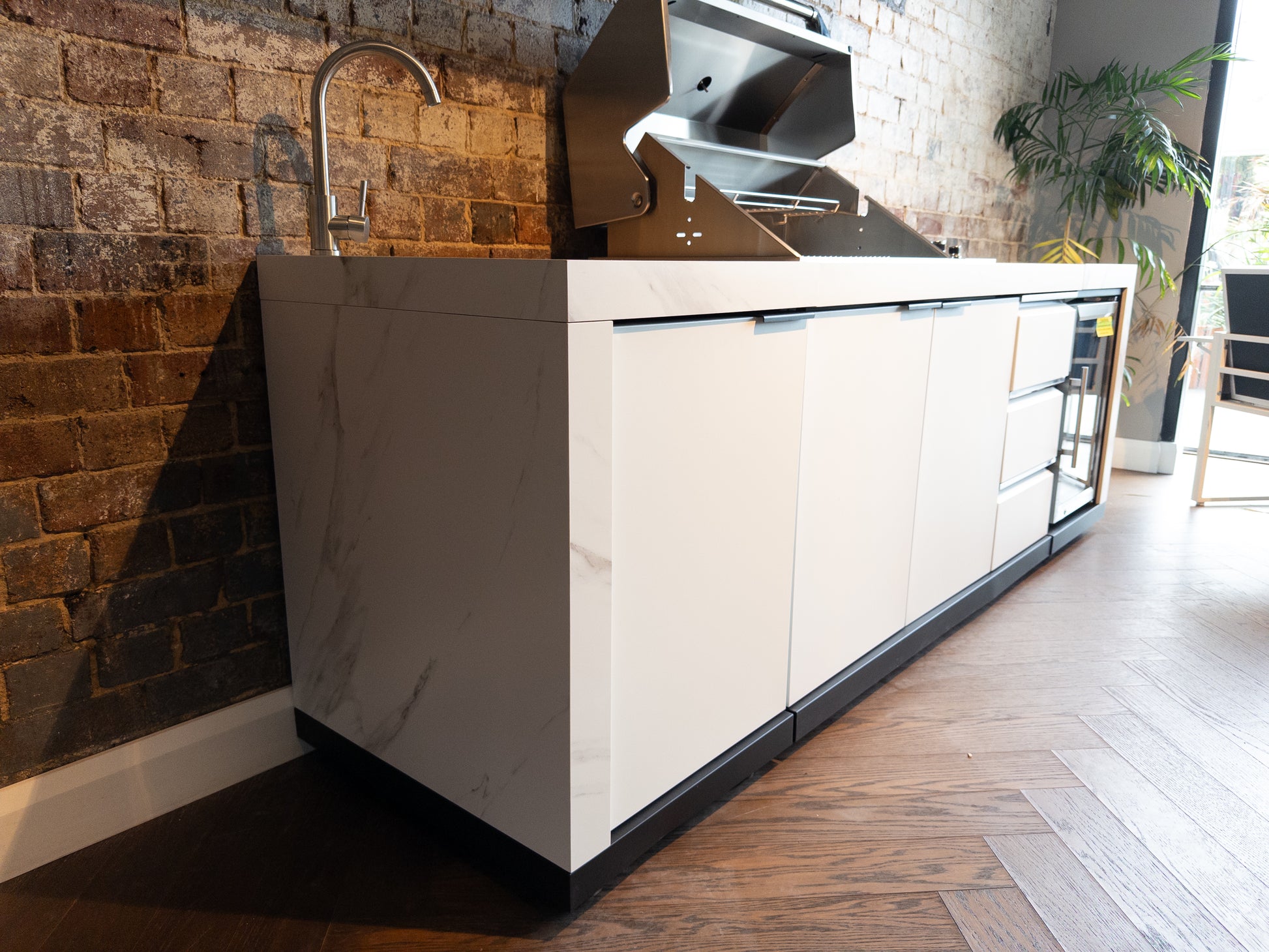 White Stone 4B Drop In BBQ Kitchen Package with Stone Benchtops, Hampton Waterfall Design