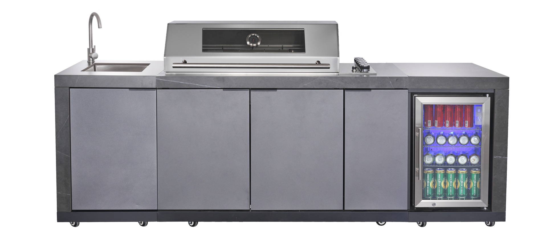 Deep Charcoal 6B Drop In BBQ Kitchen Package Inc sintered stone benchtops, Aluminium Cabinets, Weather Resistant, Fridge & Sink