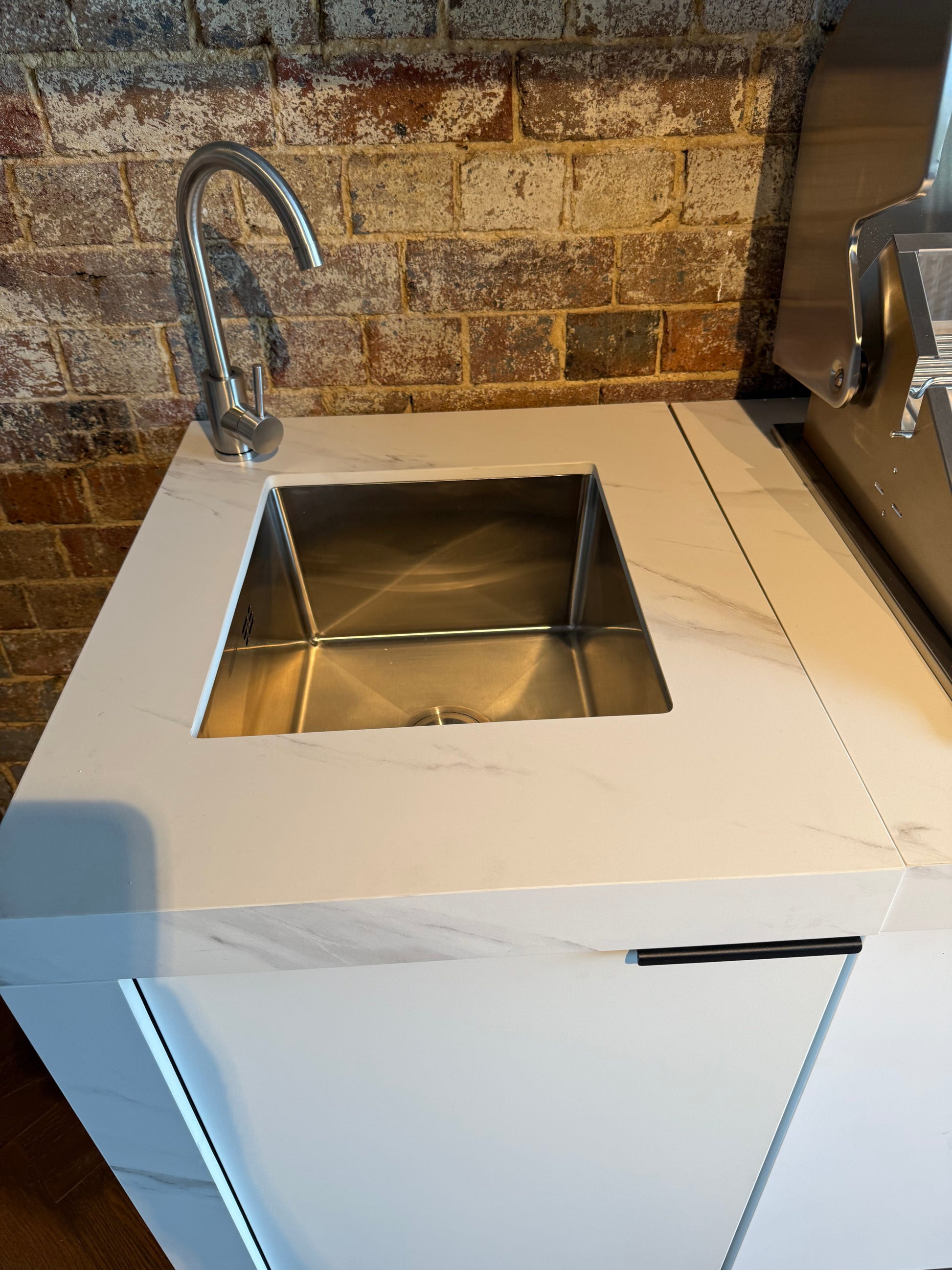 White Stone 4B Drop In BBQ Kitchen Package with Stone Benchtops, Hampton Waterfall Design