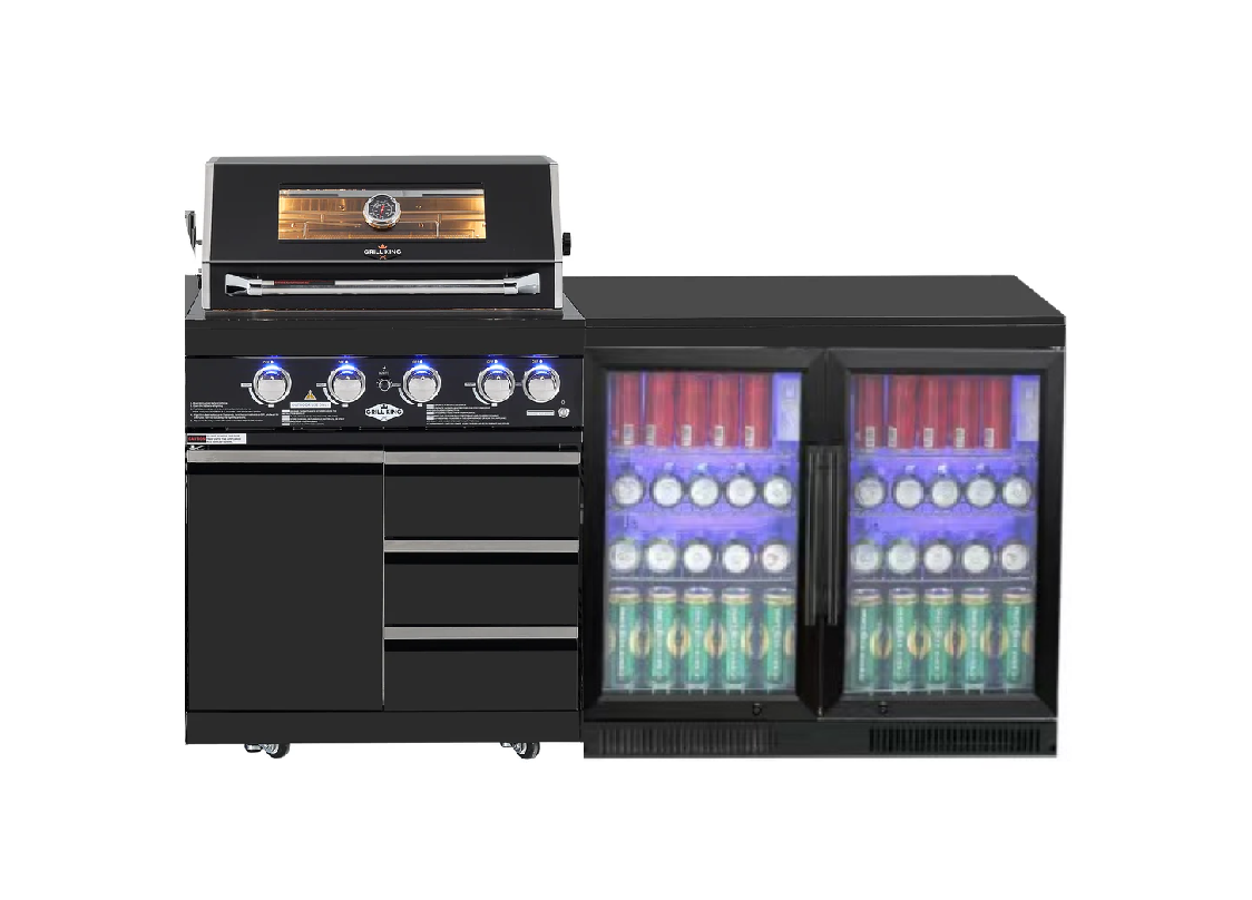 Kingsley 4 Burner Non Wok Black Stainless Steel BBQ Kitchen Package Inc 2x Storage Cupboards, Rotisserie & Covers