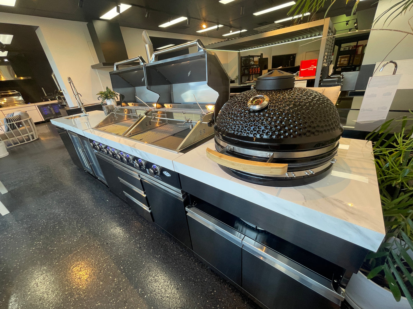 Floor Stock Element Twin-Hood Outdoor BBQ Kitchen with Kamado Smoker, Fridge, Sink, Rotisserie