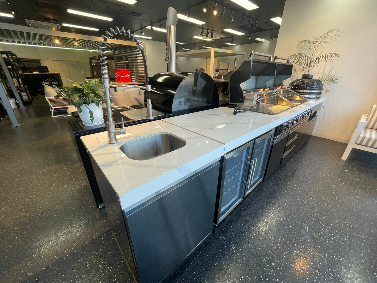Floor Stock Element Twin-Hood Outdoor BBQ Kitchen with Kamado Smoker, Fridge, Sink, Rotisserie