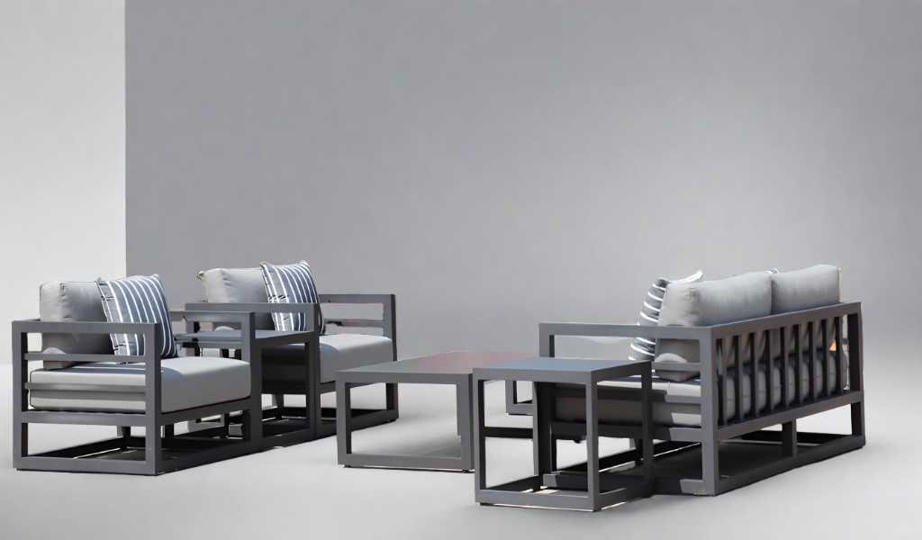 7 Piece Charcoal Aluminium Hampton Style Outdoor Furniture Lounge Set Weather Resistant 3 Seater, 1+1 + Coffee Table & 2x Side tables