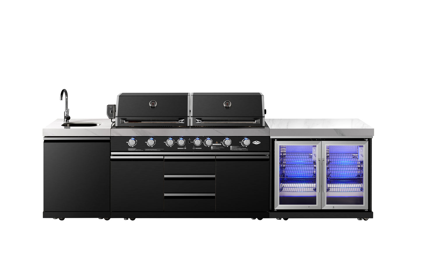 Element Twin Hood 8-Burner Outdoor BBQ Kitchen + 188L Kegerator : Graphite Stainless Steel, Stone Bench, Fridge, Sink, Height Adjustable