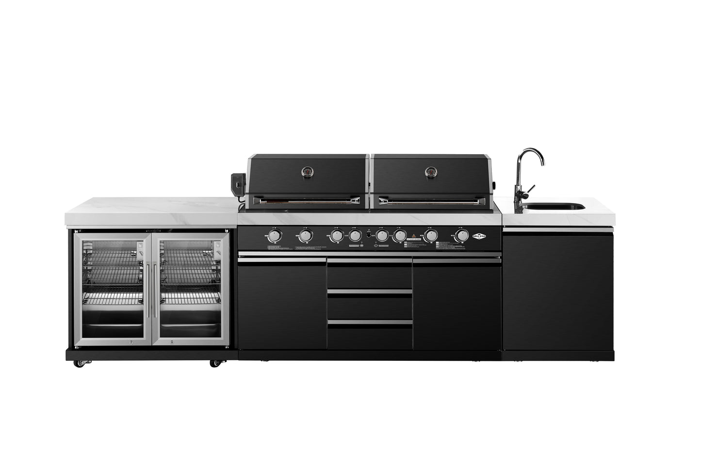 Element Twin Hood 8-Burner Outdoor BBQ Kitchen + 188L Kegerator : Graphite Stainless Steel, Stone Bench, Fridge, Sink, Height Adjustable