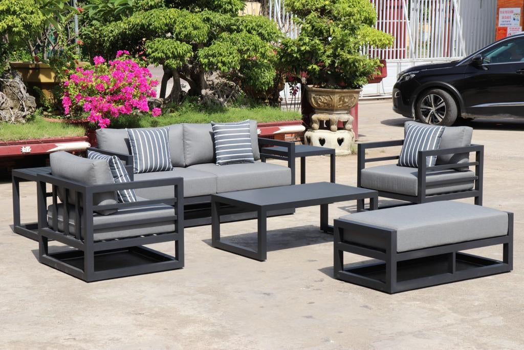 7 Piece Charcoal Aluminium Hampton Style Outdoor Furniture Lounge Set Weather Resistant 3 Seater, 1+1 + Coffee Table & 2x Side tables