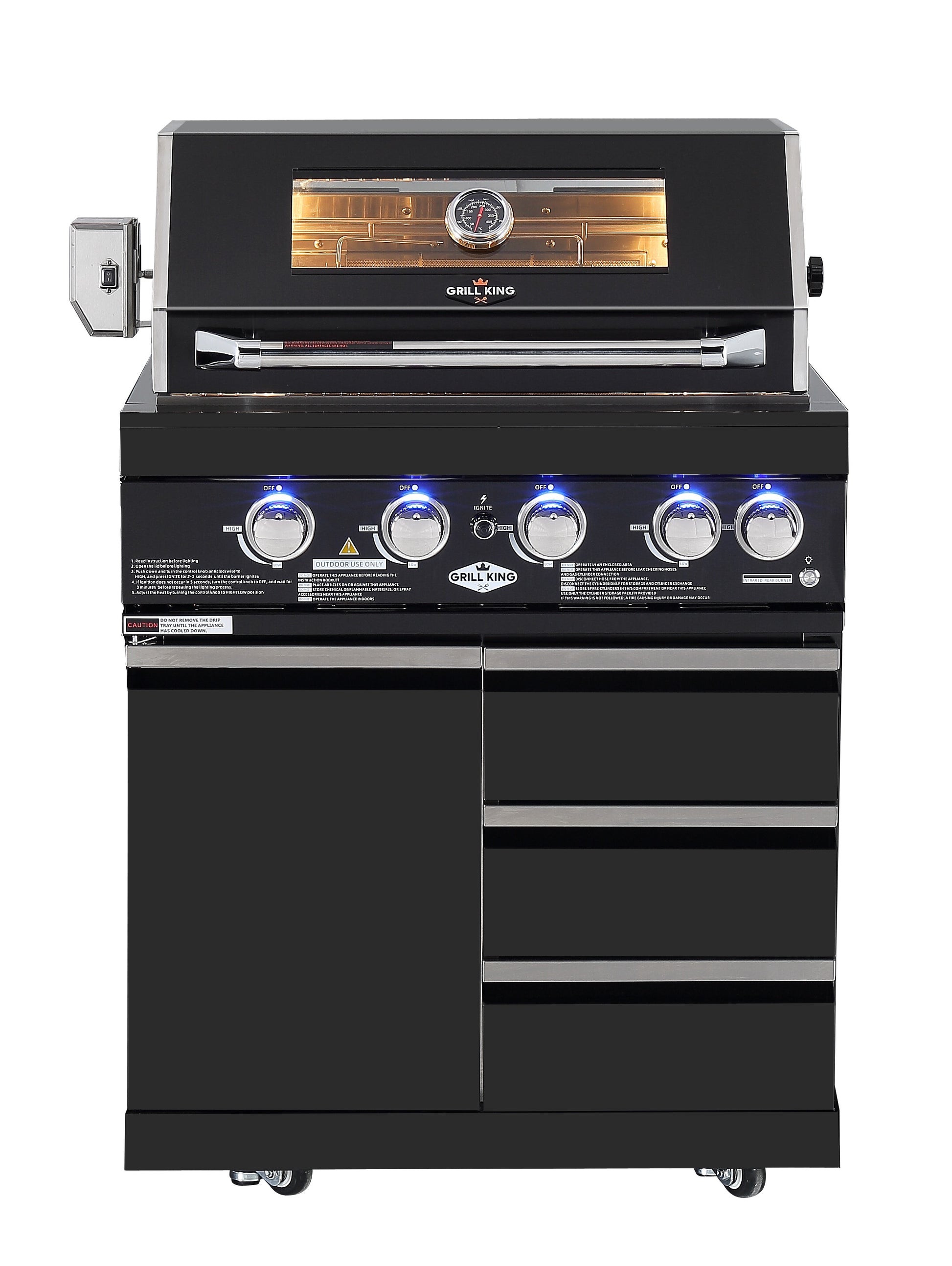 Kingsley 4 Burner Non Wok Black Stainless Steel BBQ Kitchen Package Inc 2x Storage Cupboards, Rotisserie & Covers