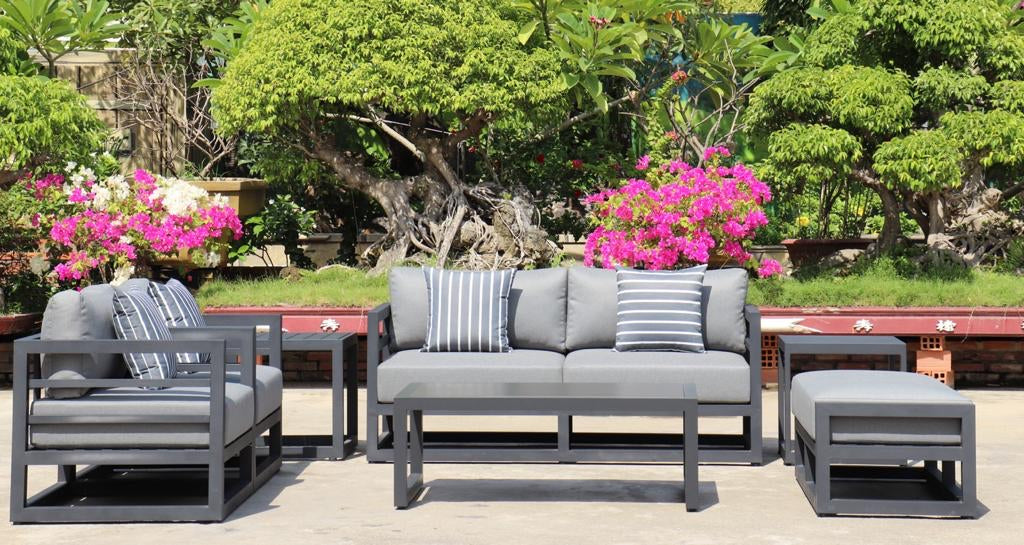 7 Piece Charcoal Aluminium Hampton Style Outdoor Furniture Lounge Set Weather Resistant 3 Seater, 1+1 + Coffee Table & 2x Side tables