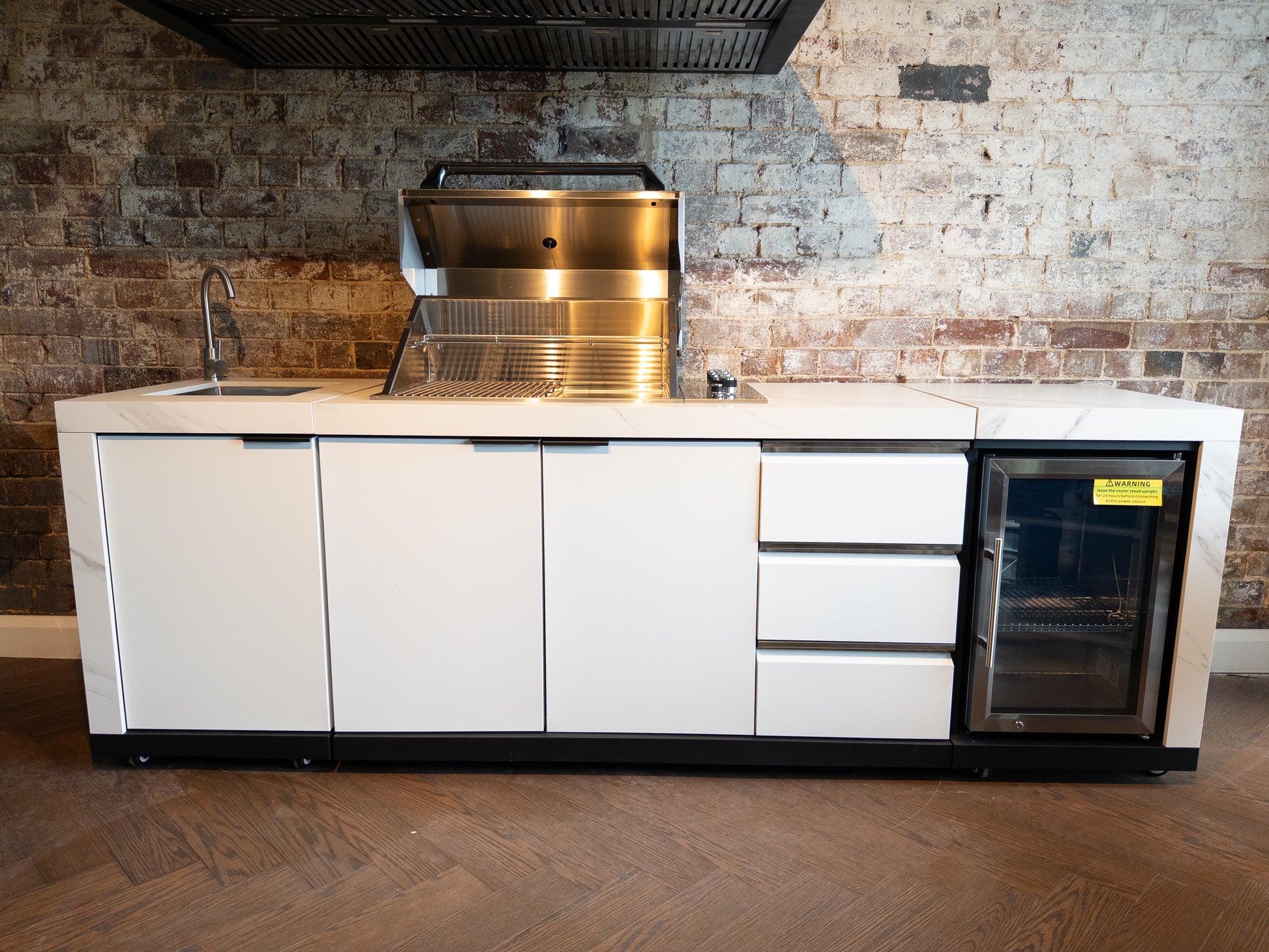 White Stone 4B Drop In BBQ Kitchen Package with Stone Benchtops, Hampton Waterfall Design