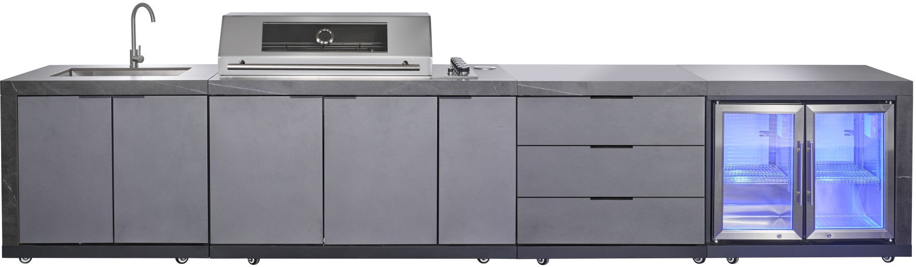 Deep Charcoal 6B Drop In BBQ Kitchen Package Inc sintered stone benchtops, Aluminium Cabinets, Weather Resistant, Fridge & Sink