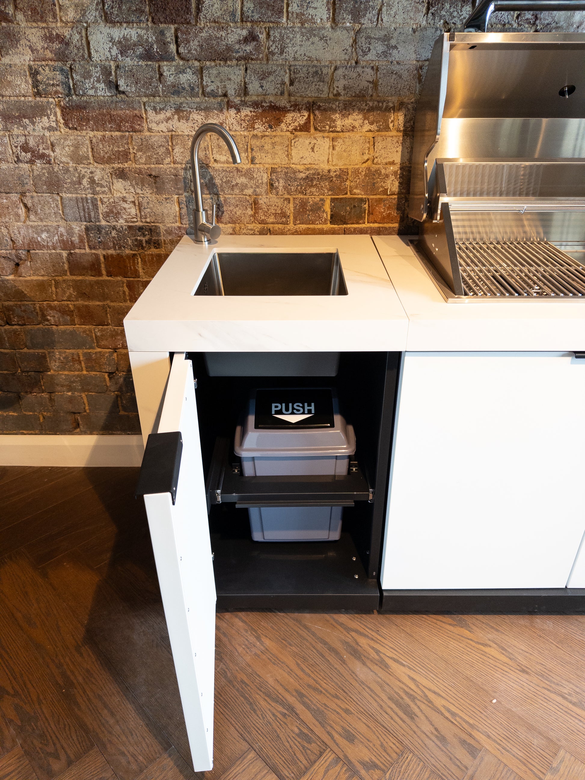 White Stone 4B Drop In BBQ Kitchen Package with Stone Benchtops, Hampton Waterfall Design