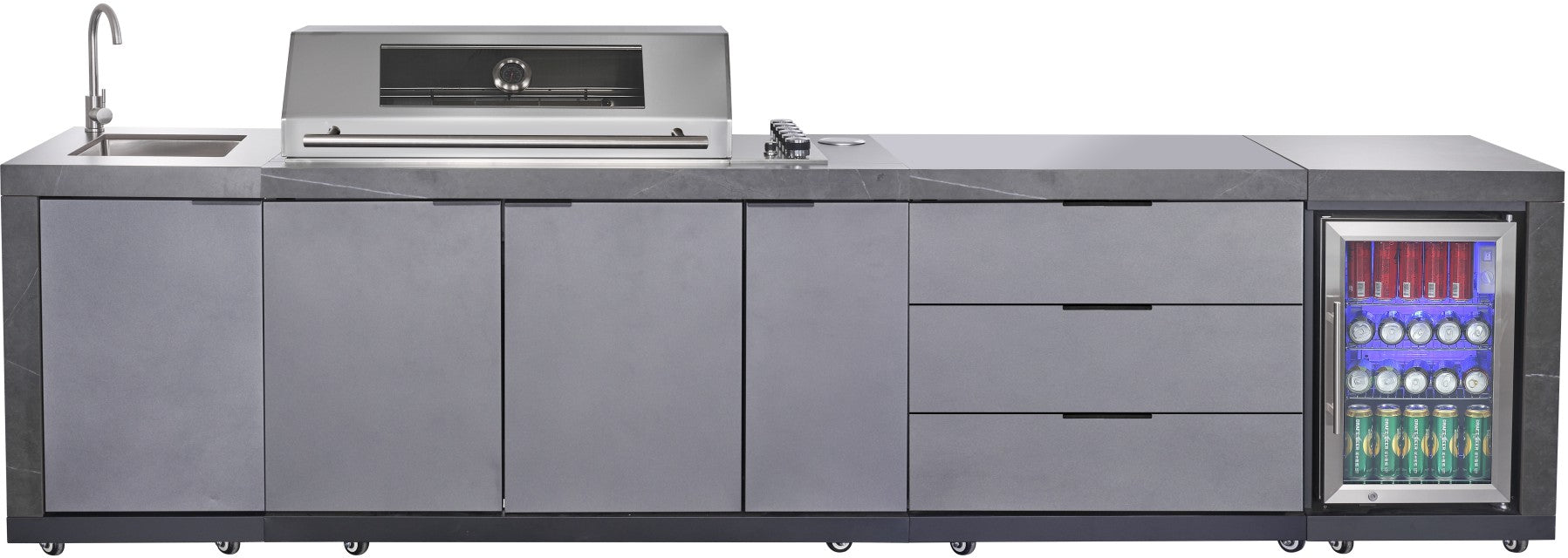 Deep Charcoal 6B Drop In BBQ Kitchen Package Inc sintered stone benchtops, Aluminium Cabinets, Weather Resistant, Fridge & Sink