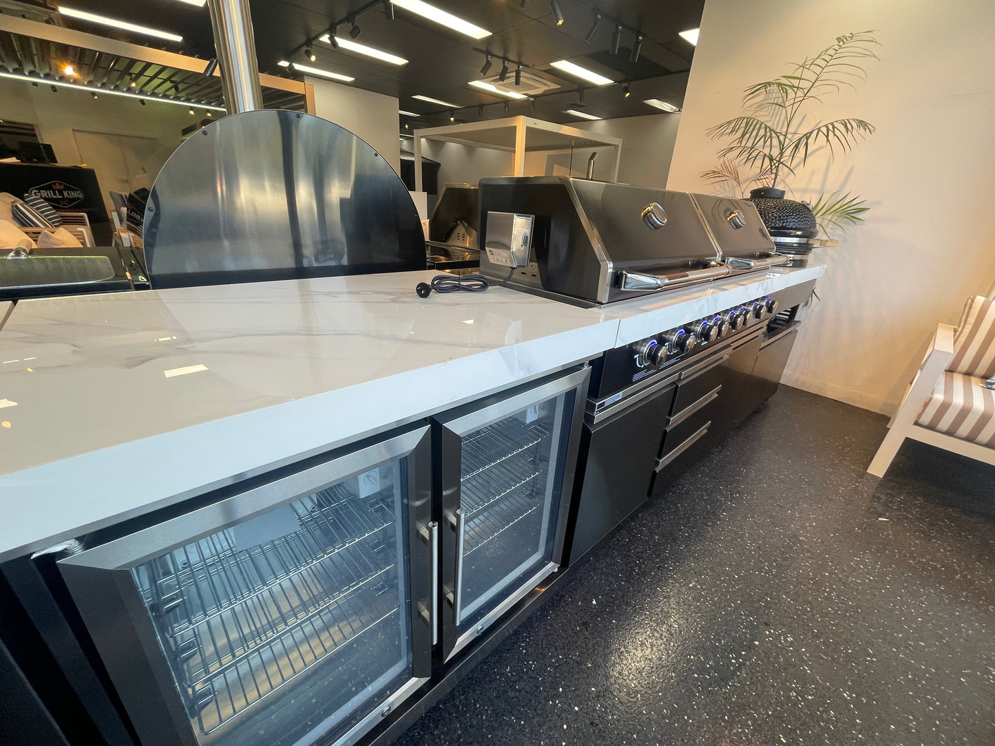 Floor Stock Element Twin-Hood Outdoor BBQ Kitchen with Kamado Smoker, Fridge, Sink, Rotisserie
