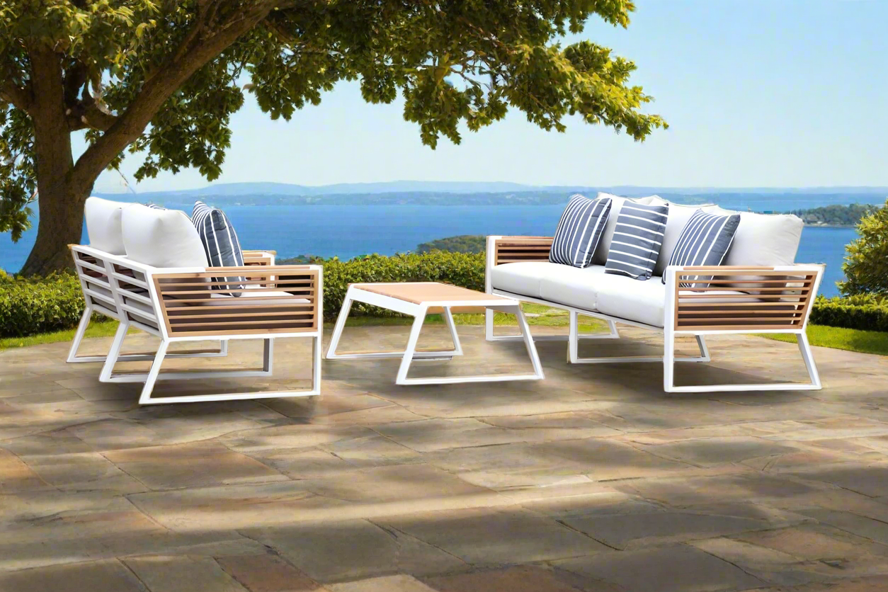 Morlaix 4 Piece Hampton Style Designer Outdoor Lounge Set: White Aluminium, Acacia Wood, Table & Cushions
