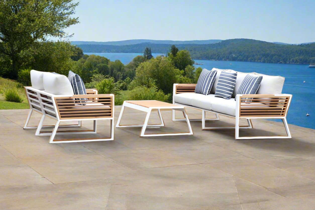 Morlaix 4 Piece Hampton Style Designer Outdoor Lounge Set: White Aluminium, Acacia Wood, Table & Cushions
