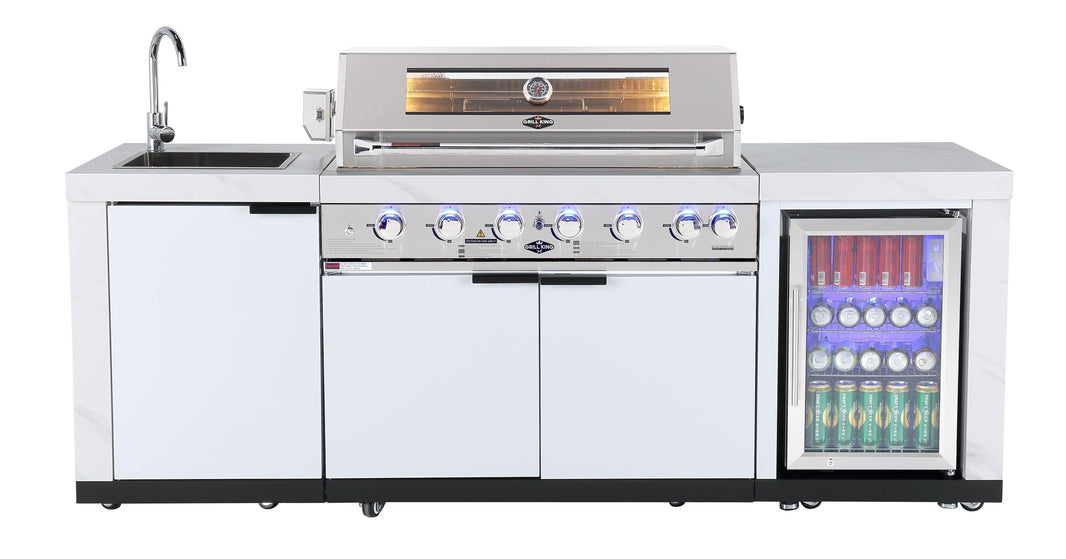 Rockpool 6B Non Wok: Designer Outdoor BBQ Kitchen Package Inc Fridge & Sink, Rotisserie, BBQ Cover, White Doors Hamptom Design 2.4M | 1DR Fridge + 1DR Sink