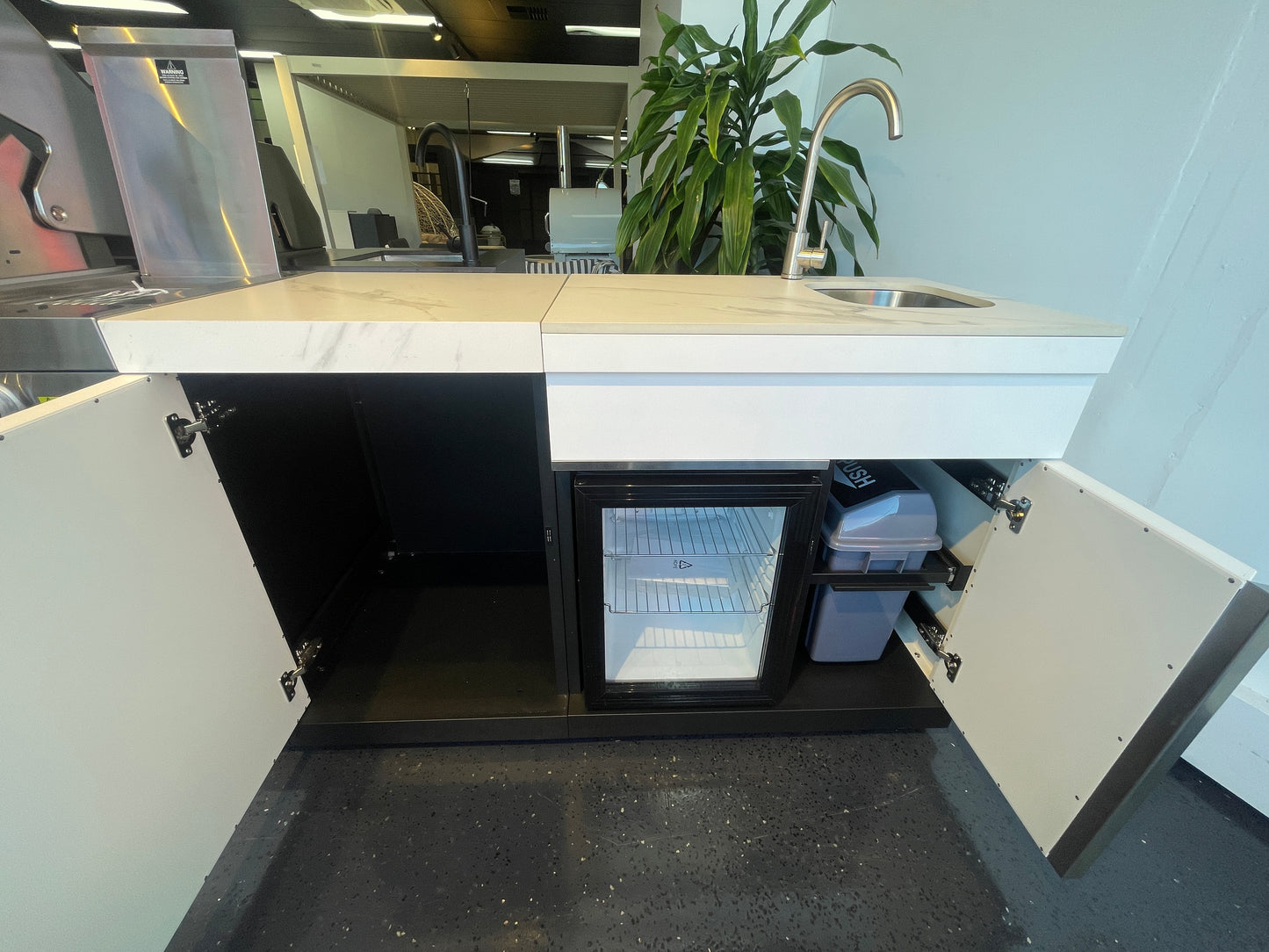 Floor Stock White 4B + Wok Felix BBQ Kitchen with Storage, Fridge & Sink + Additional Storage Cabinet