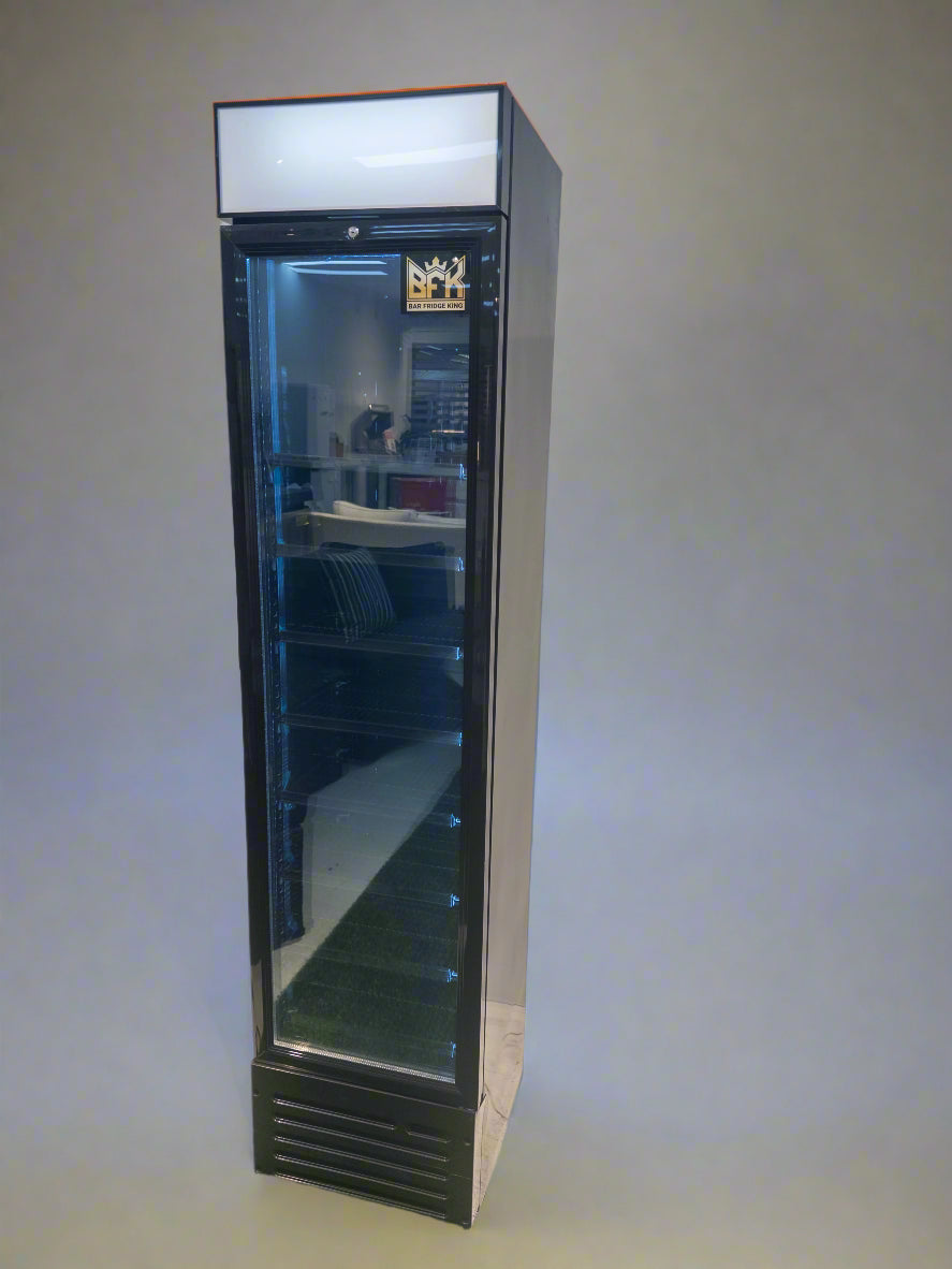 Floor Stock Tropical Rated Triple Glazed 145L Commercial Skinny Upright Bar Fridge - Single Door, Black Stainless Steel, LED Lighting for Wine & Beverages