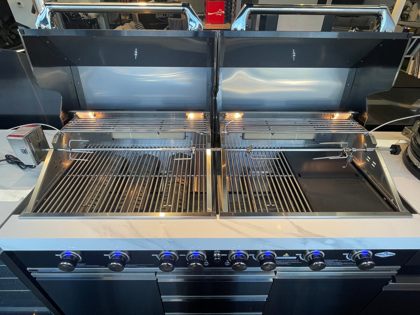 Floor Stock Element Twin-Hood Outdoor BBQ Kitchen with Kamado Smoker, Fridge, Sink, Rotisserie
