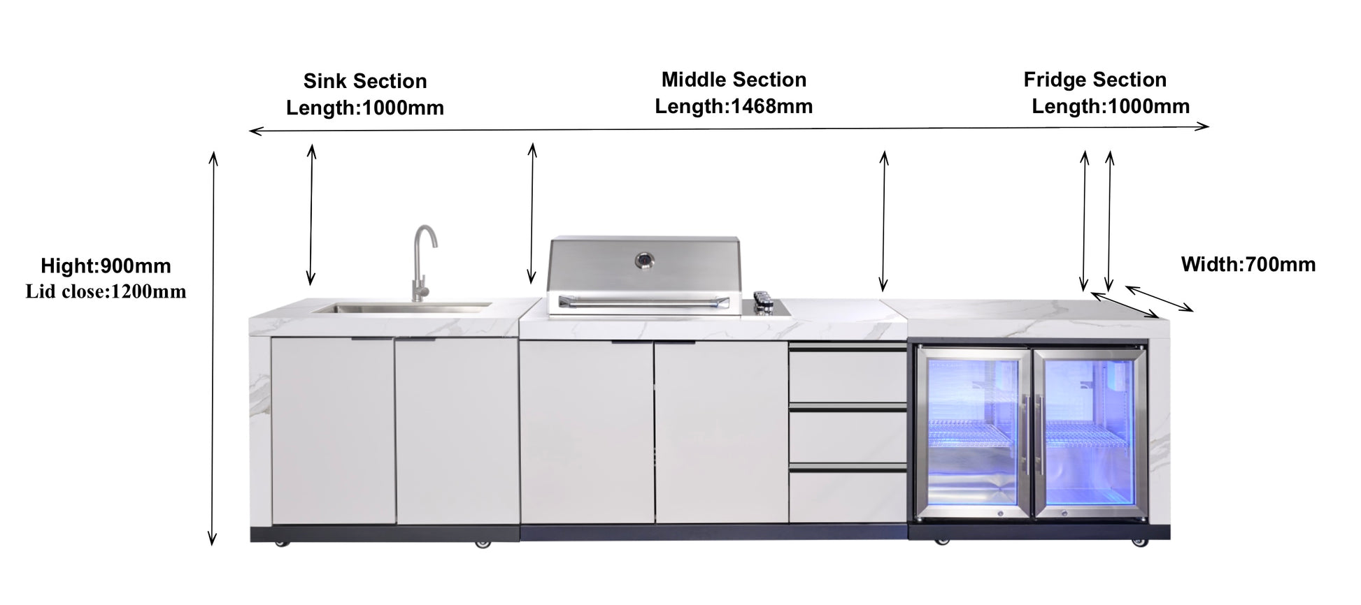 White Stone 4B Drop In BBQ Kitchen Package with Stone Benchtops, Hampton Waterfall Design