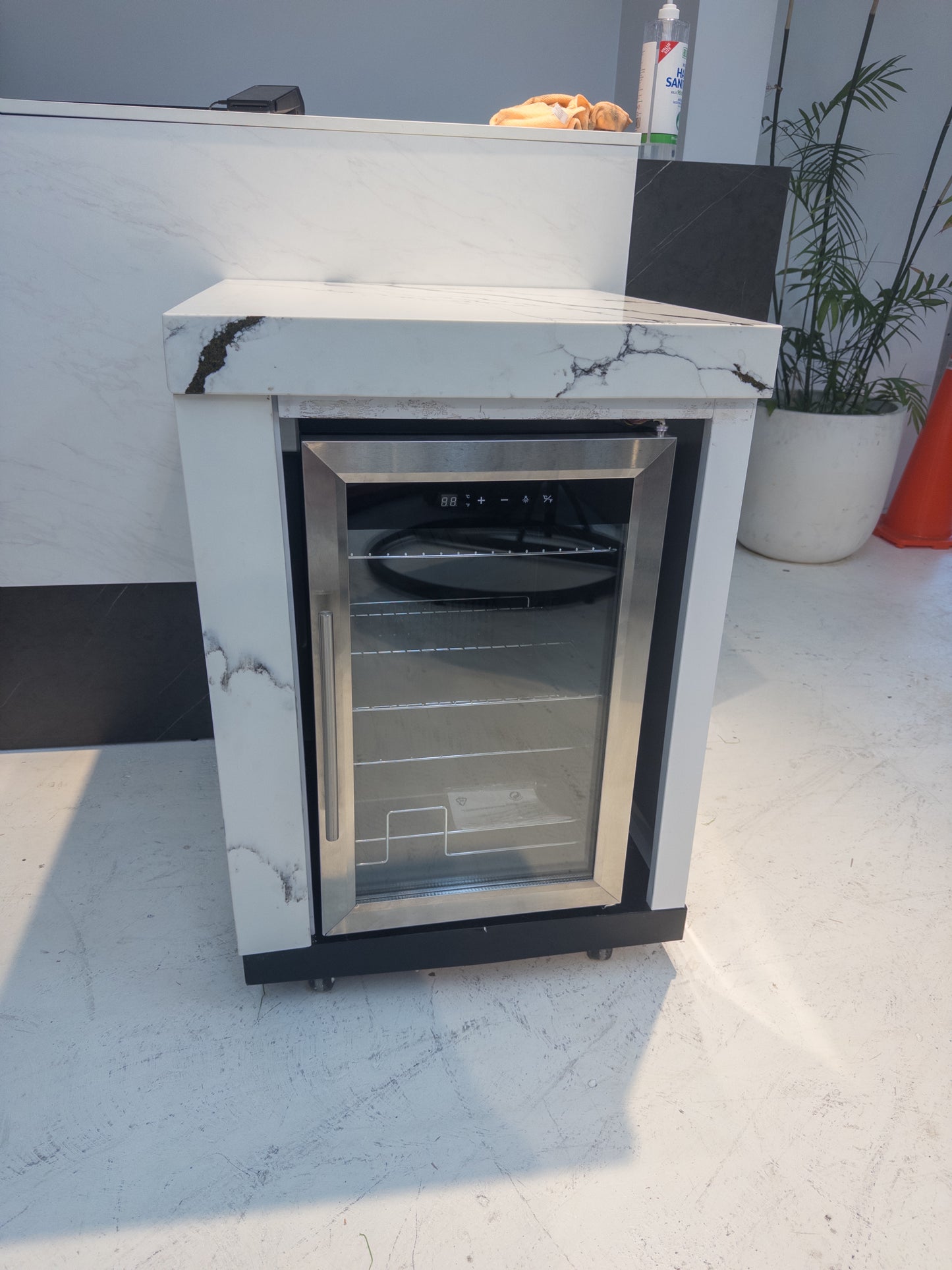 Ex Display Fridge Module Marble Look Stone Finish LHS Waterfall Edge Custom Built Aluminum Cabinet