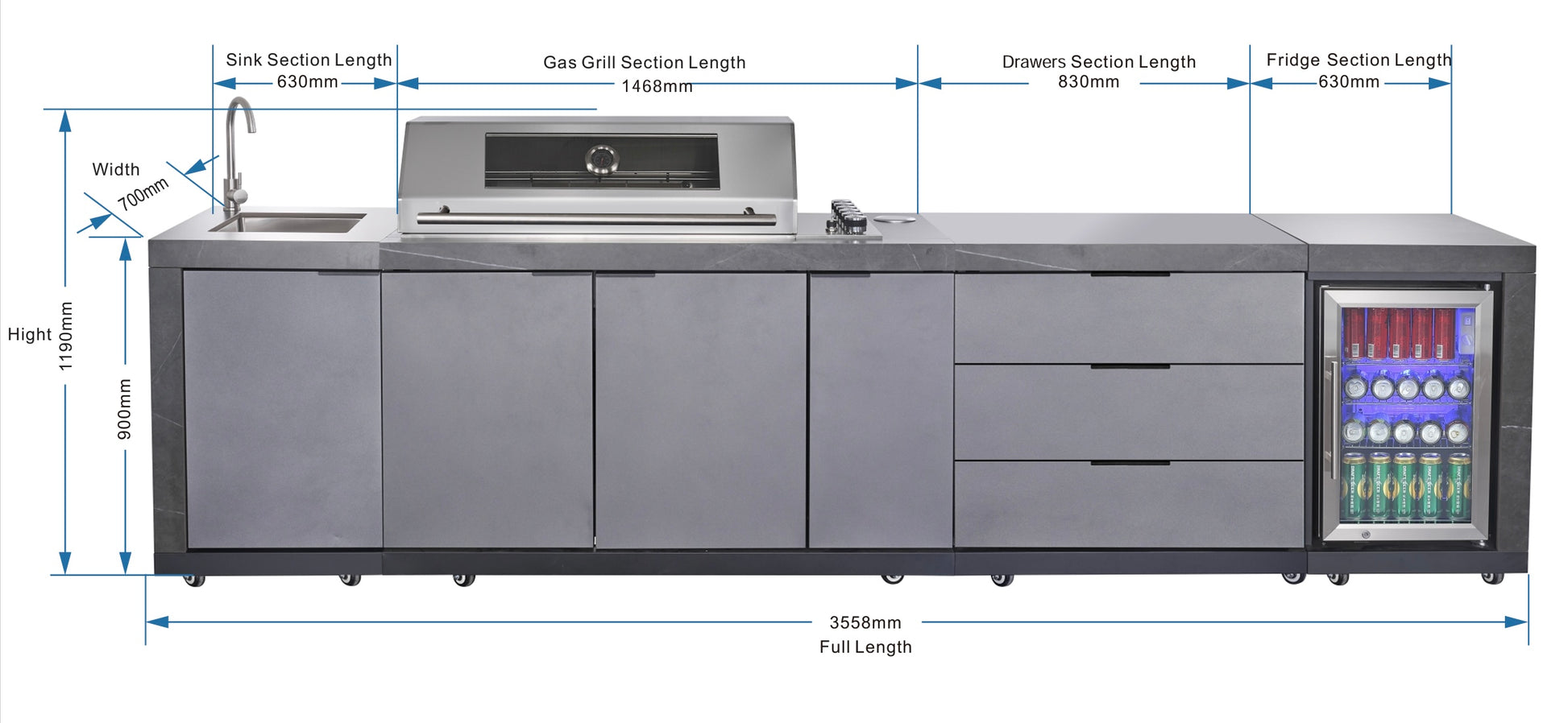 Deep Charcoal 6B Drop In BBQ Kitchen Package Inc sintered stone benchtops, Aluminium Cabinets, Weather Resistant, Fridge & Sink