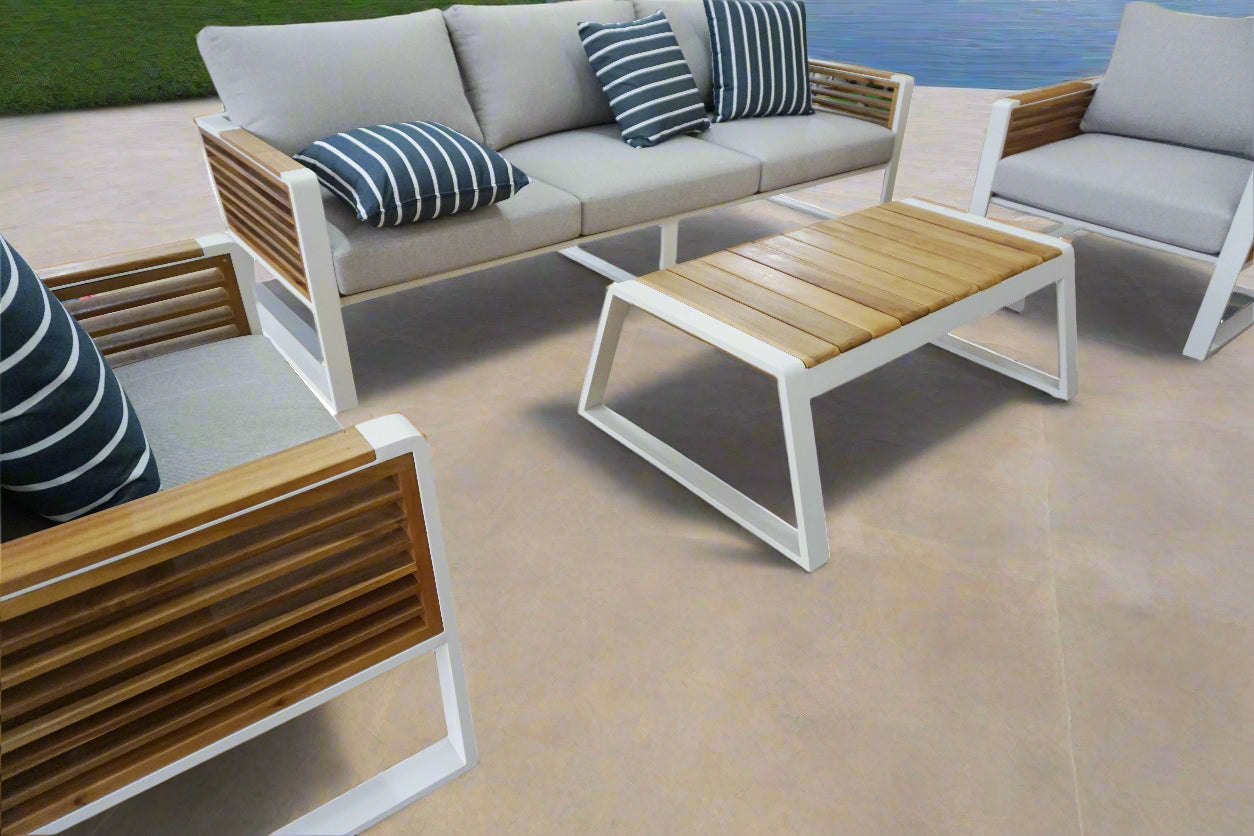 Morlaix 4 Piece Hampton Style Designer Outdoor Lounge Set: White Aluminium, Acacia Wood, Table & Cushions