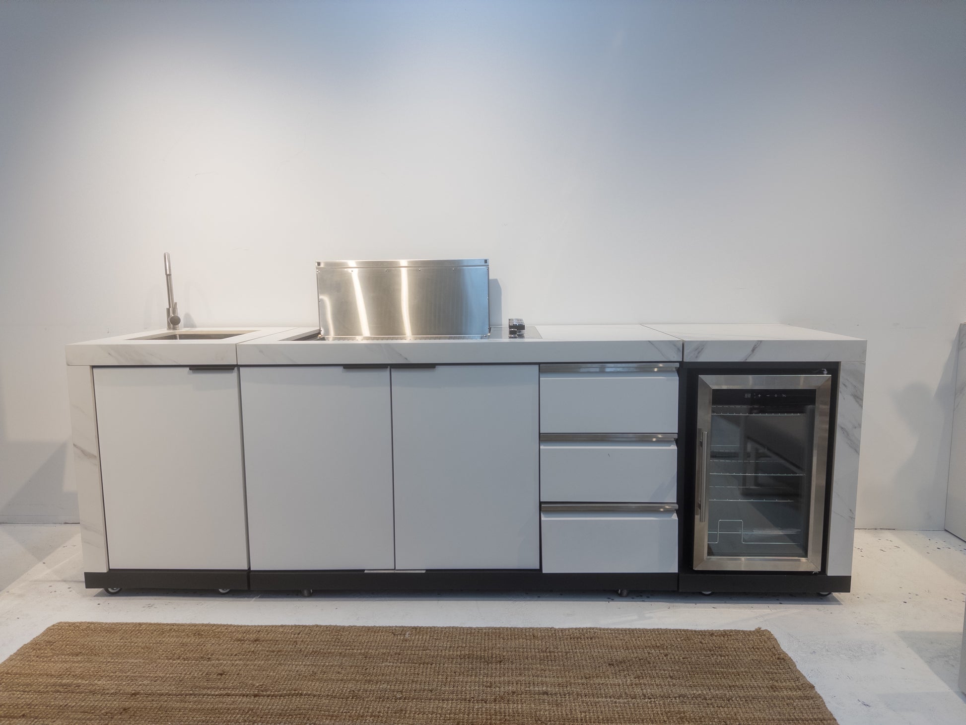 FLAT HOOD White Stone 4B Drop In BBQ Kitchen Package with Stone Benchtops, Hampton Waterfall Design