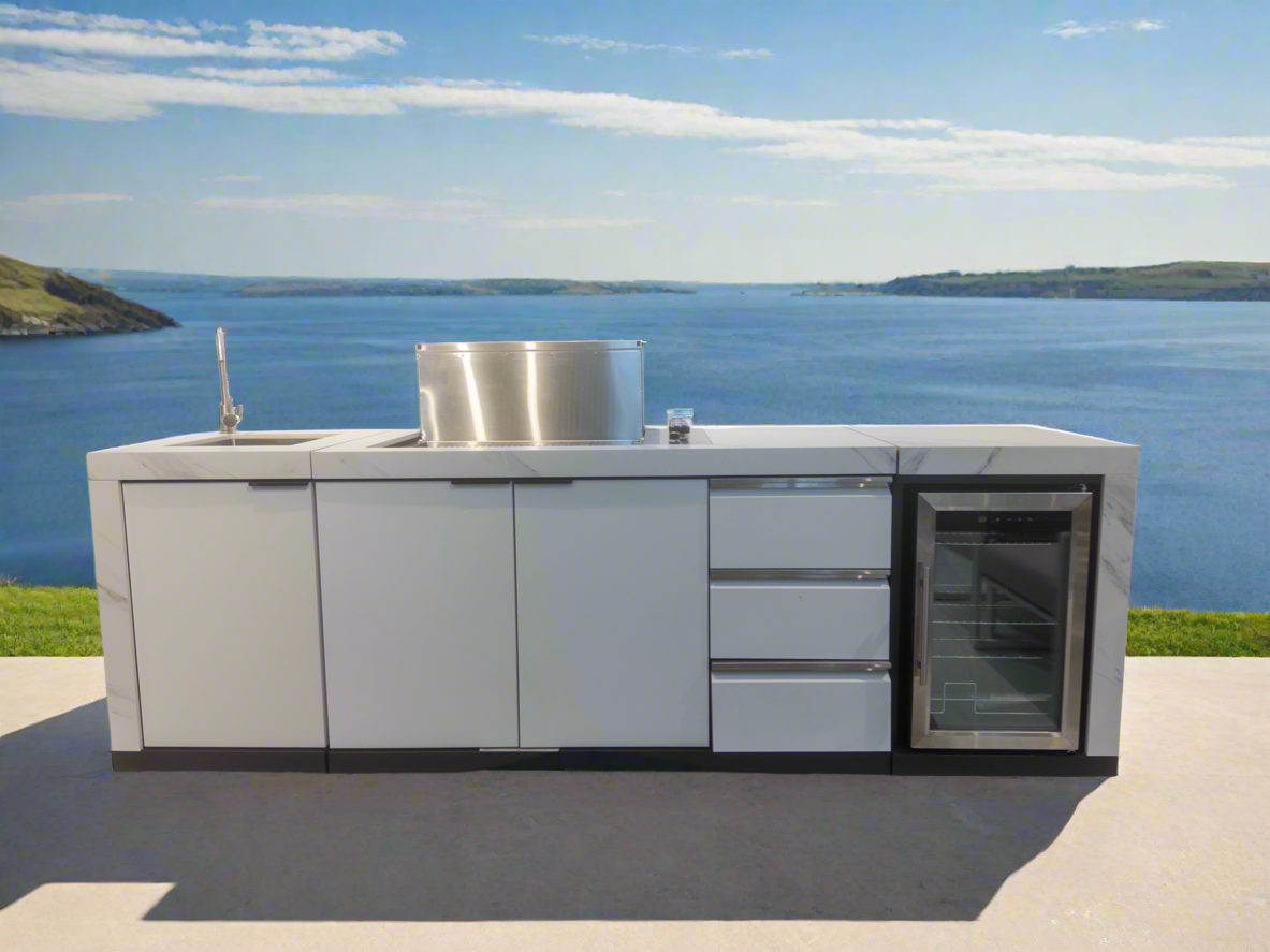 FLAT HOOD White Stone 4B Drop In BBQ Kitchen Package with Stone Benchtops, Hampton Waterfall Design