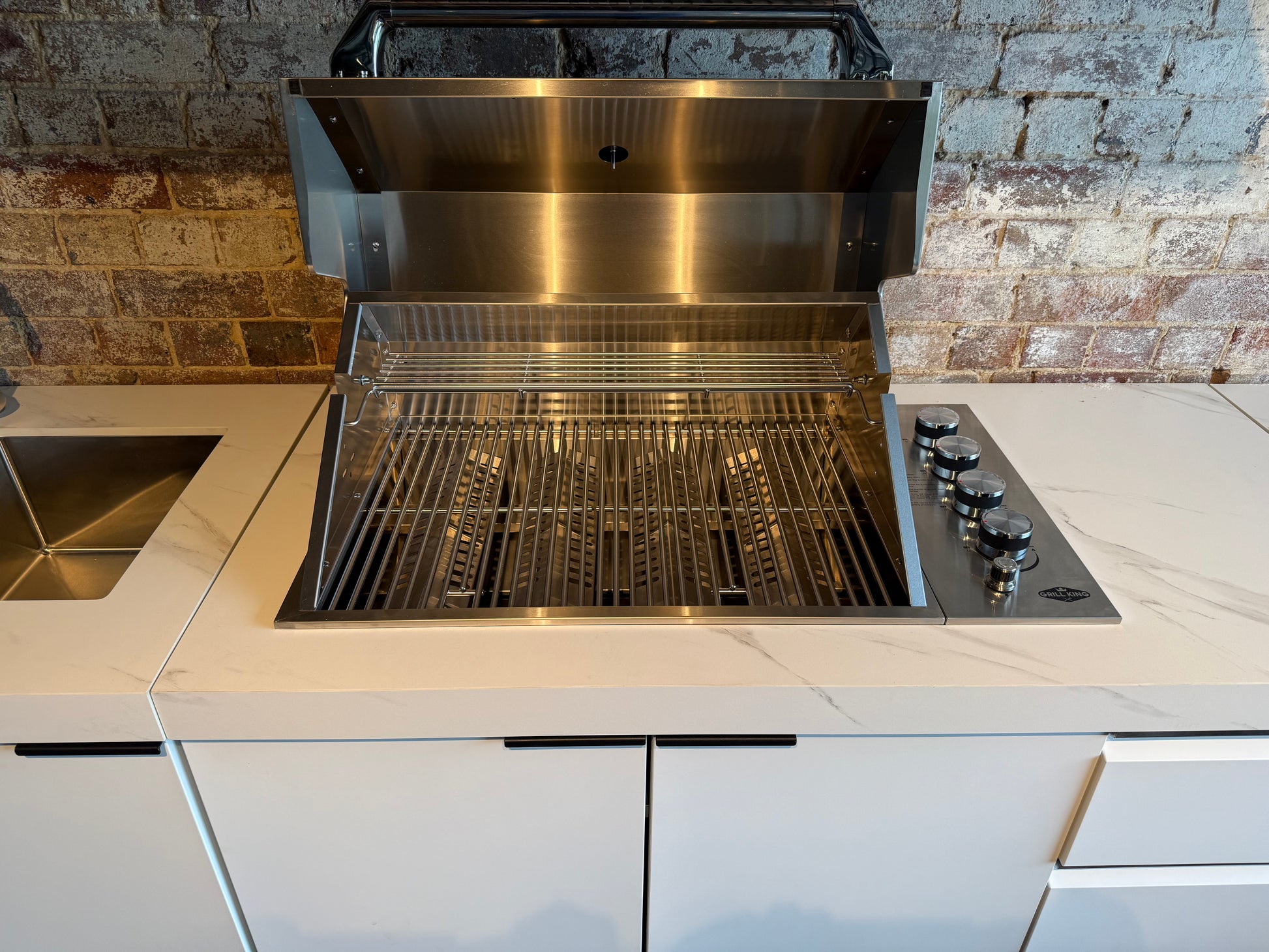 White Stone 4B Drop In BBQ Kitchen Package with Stone Benchtops, Hampton Waterfall Design