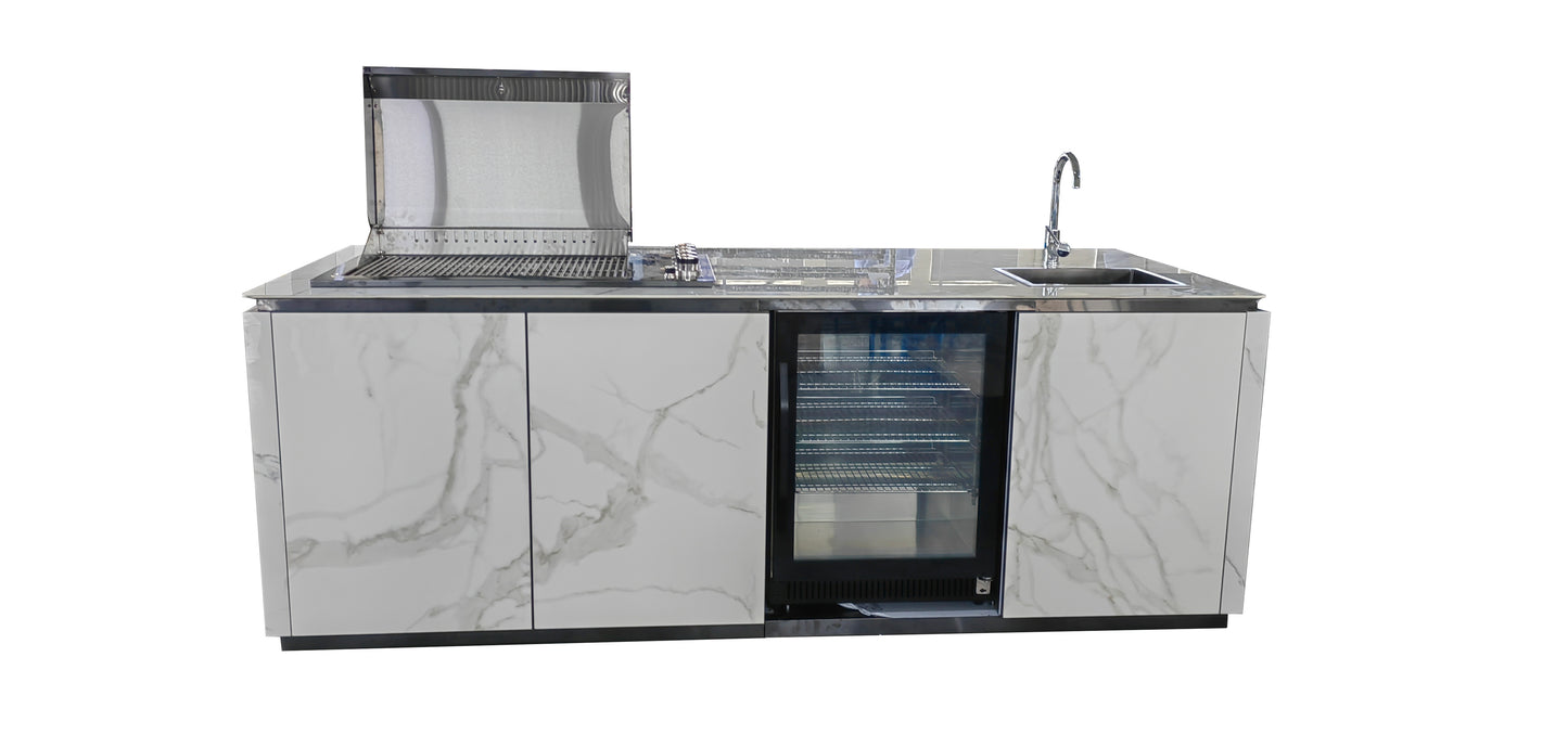 Grill King Bella 4B Drop In Alfresco Outdoor BBQ Kitchen Island | Fridge & Sink Combo High Grade White Stone Designer BBQ Inc Fridge, Sink, Faucet & BBQ Cover