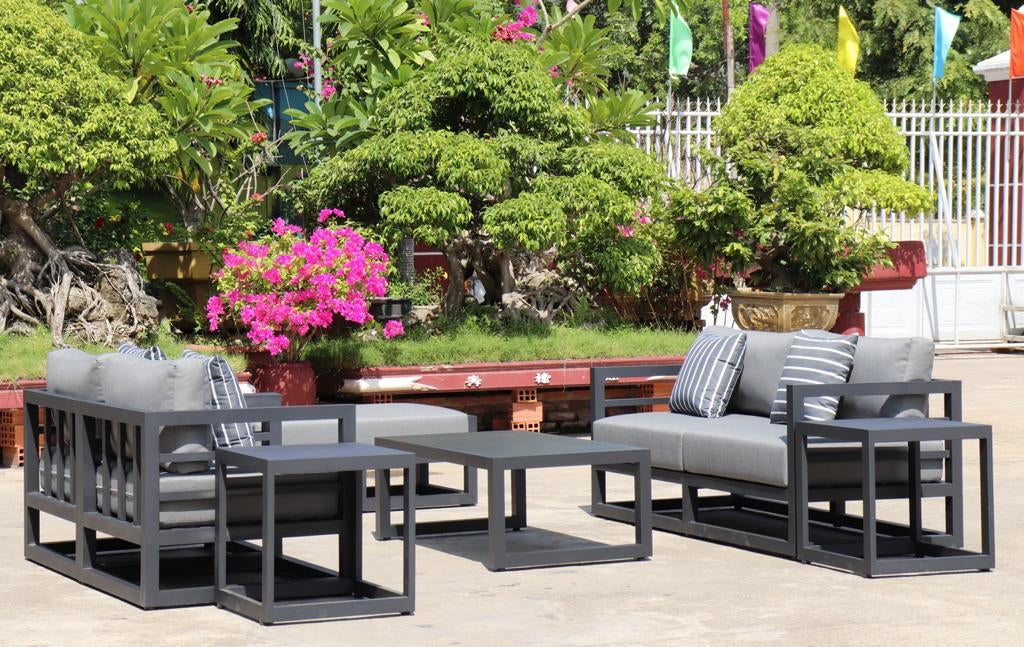 7 Piece Charcoal Aluminium Hampton Style Outdoor Furniture Lounge Set Weather Resistant 3 Seater, 1+1 + Coffee Table & 2x Side tables