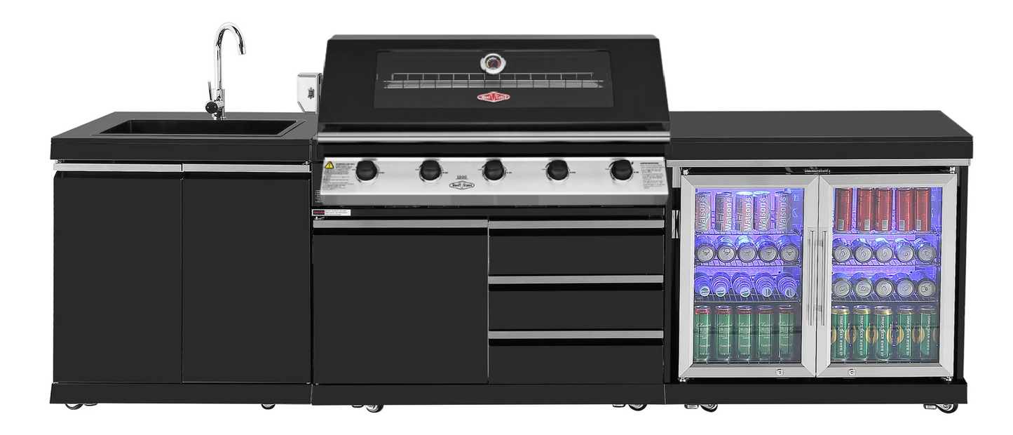 Black Stainless Steel BBQ Kitchen Suits Beef Eater 5 Burner 1200, Fridge And Sink Outdoor BBQ Kitchen Package