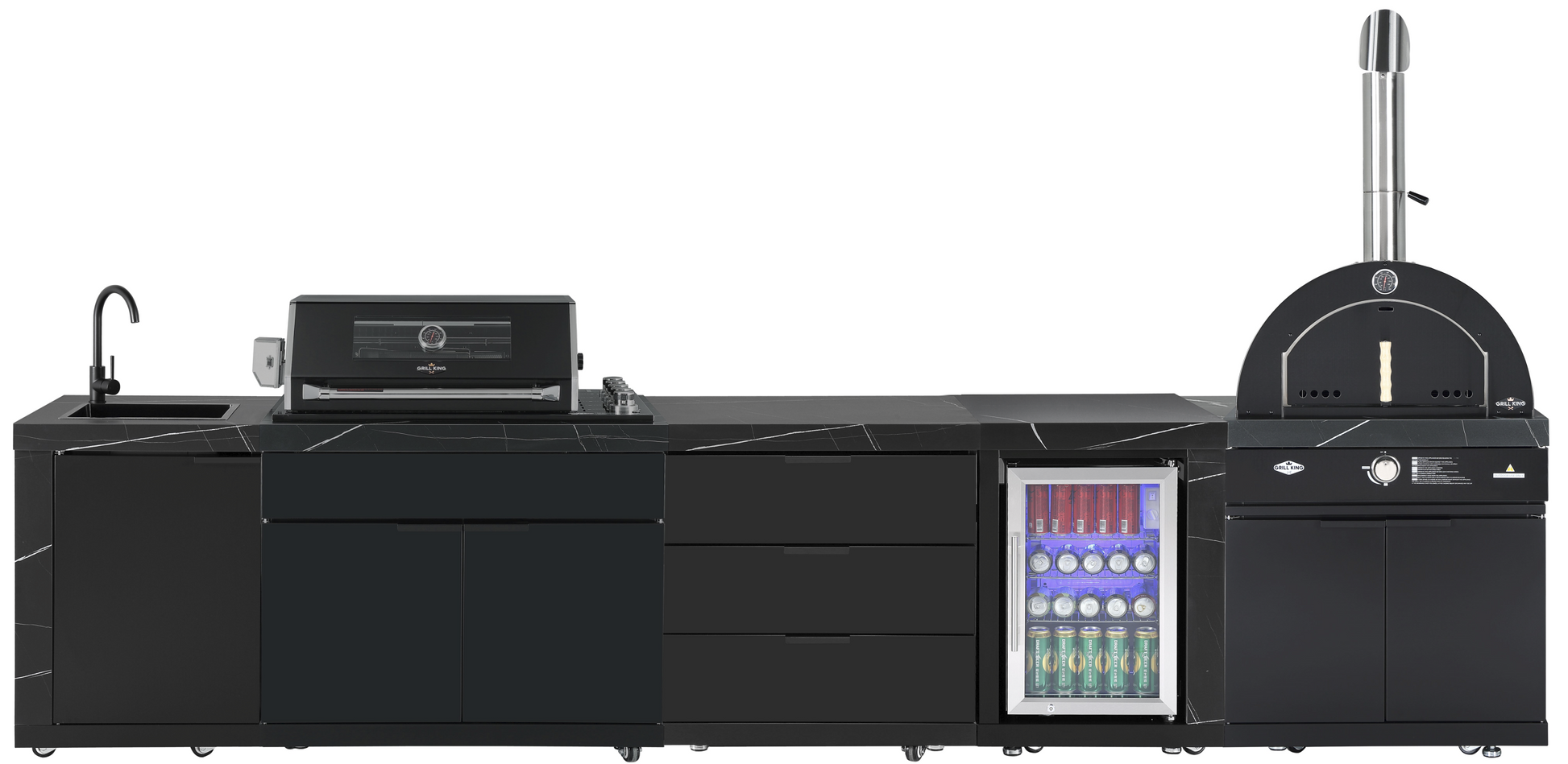 Grill King Rockpool 4 Burner Drop-In BBQ Kitchen Package - Black Stainless, Stone Benchtops