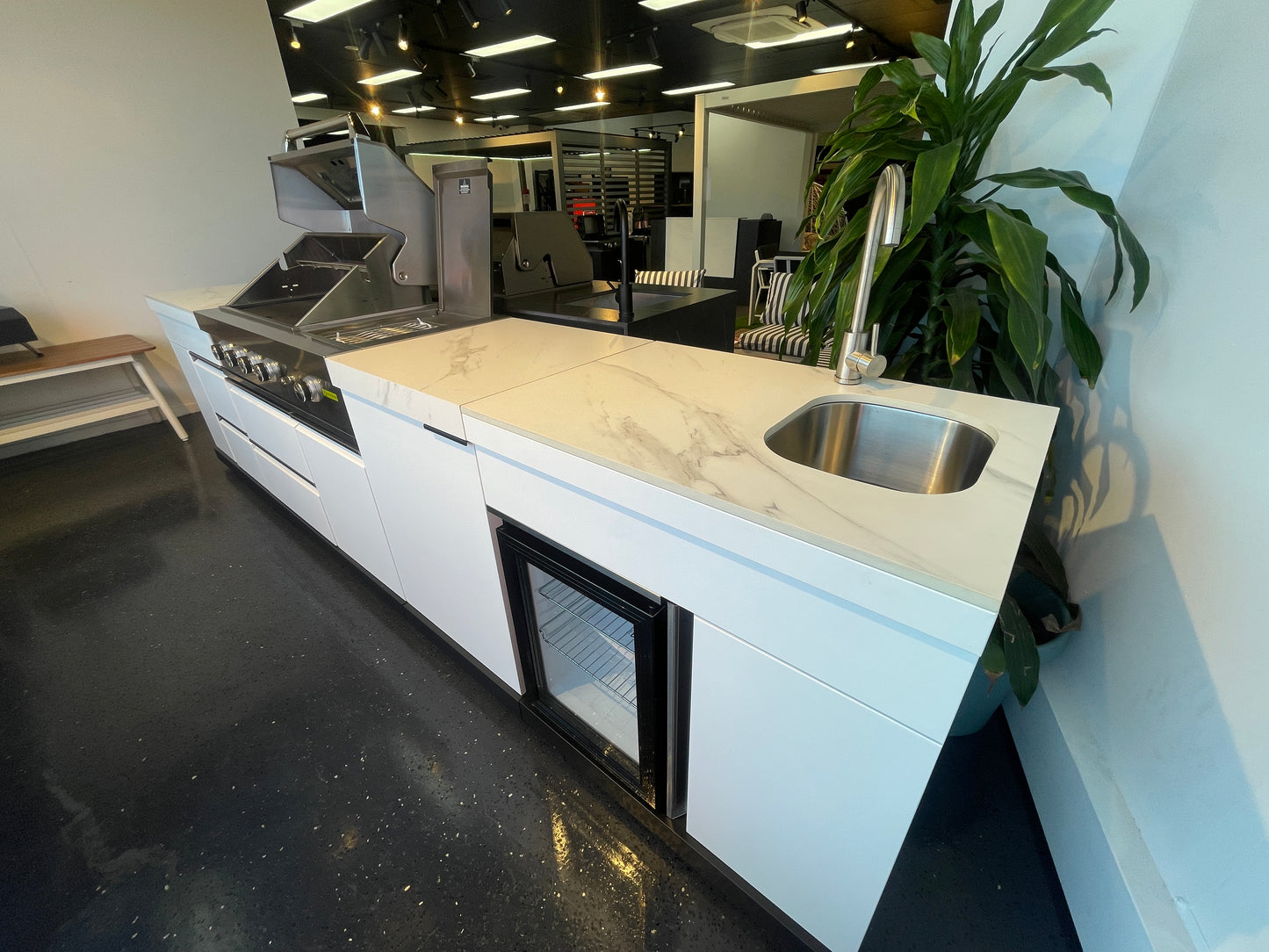 Floor Stock White 4B + Wok Felix BBQ Kitchen with Storage, Fridge & Sink + Additional Storage Cabinet