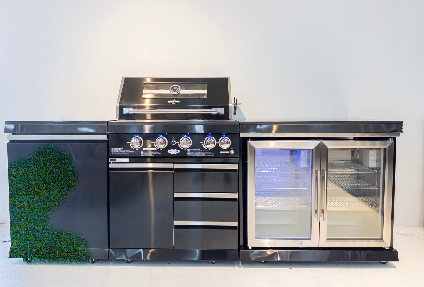Kingsley 4 Burner Black 304 SS BBQ Kitchen + 2DR Fridge & 1DR Cupboard